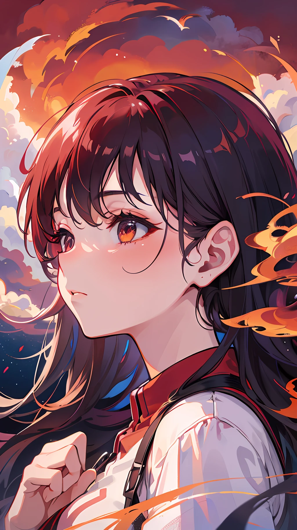 The girl's eyes were full of yearning and longing, and she always imagined that she could fly to the clouds and see the sky shrouded in fiery red clouds. She believes that there must be the beauty she yearns for, the dreams and fantasies of her childhood. Whenever she saw that fiery red cloud, an indescribable emotion always surged in her heart, as if she could no longer suppress her desire. She wanted to fly above that fiery red cloud, get close to the cloud, and feel the beauty and mystery there. Despite the distance from herself, the girl's heart is still full of faith and courage. She believes that she can realize her dream, that she can reach the cloud covered in fiery red clouds, and see the beauty and world she longs for. (8K resolution, craving, super detailed)