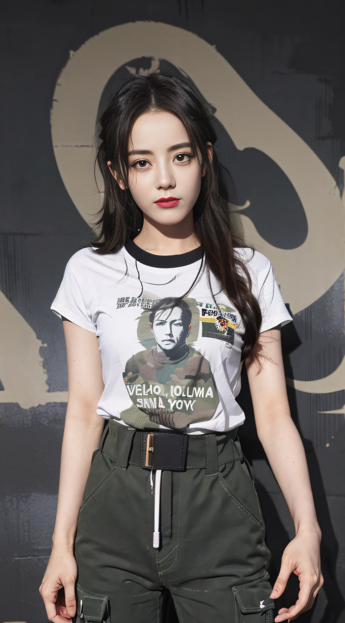 (1girl:1.3), solo, Di Li Gerba, wearing trendy vintage T-shirt, khaki cargo pants, splashed ink, dark gray background, huge file size, 8k, high resolution,