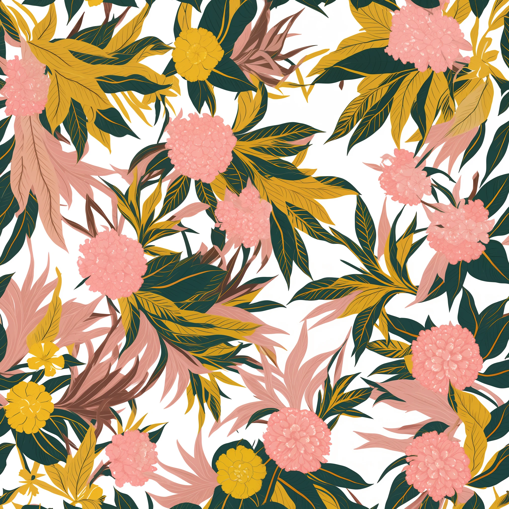 A yellow and pink pattern with flowers on white background