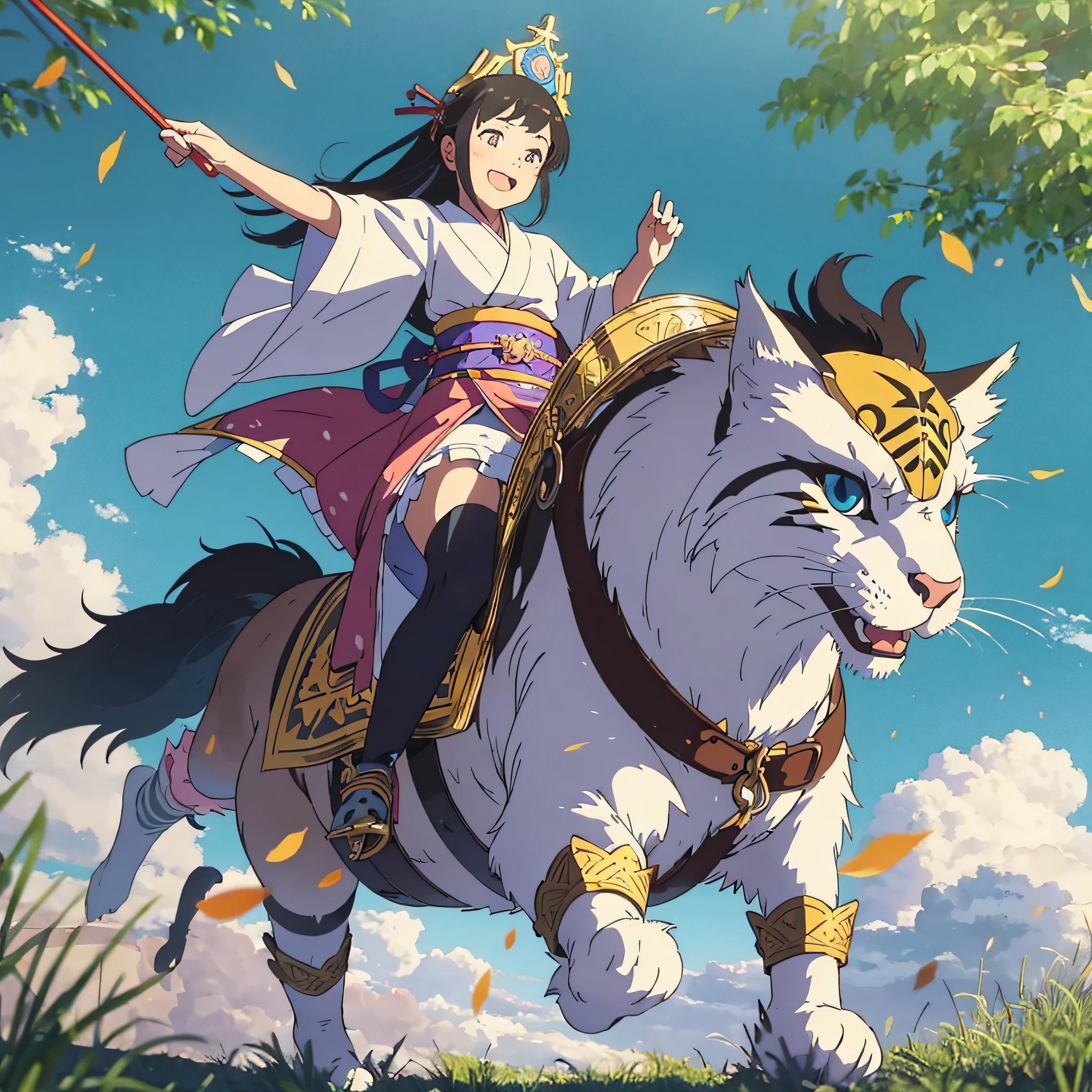 A joyful girl dressed as a priestess Japan riding a big cat with the reins and running through the summer meadow. Jump over puddles, angle of ground thread,