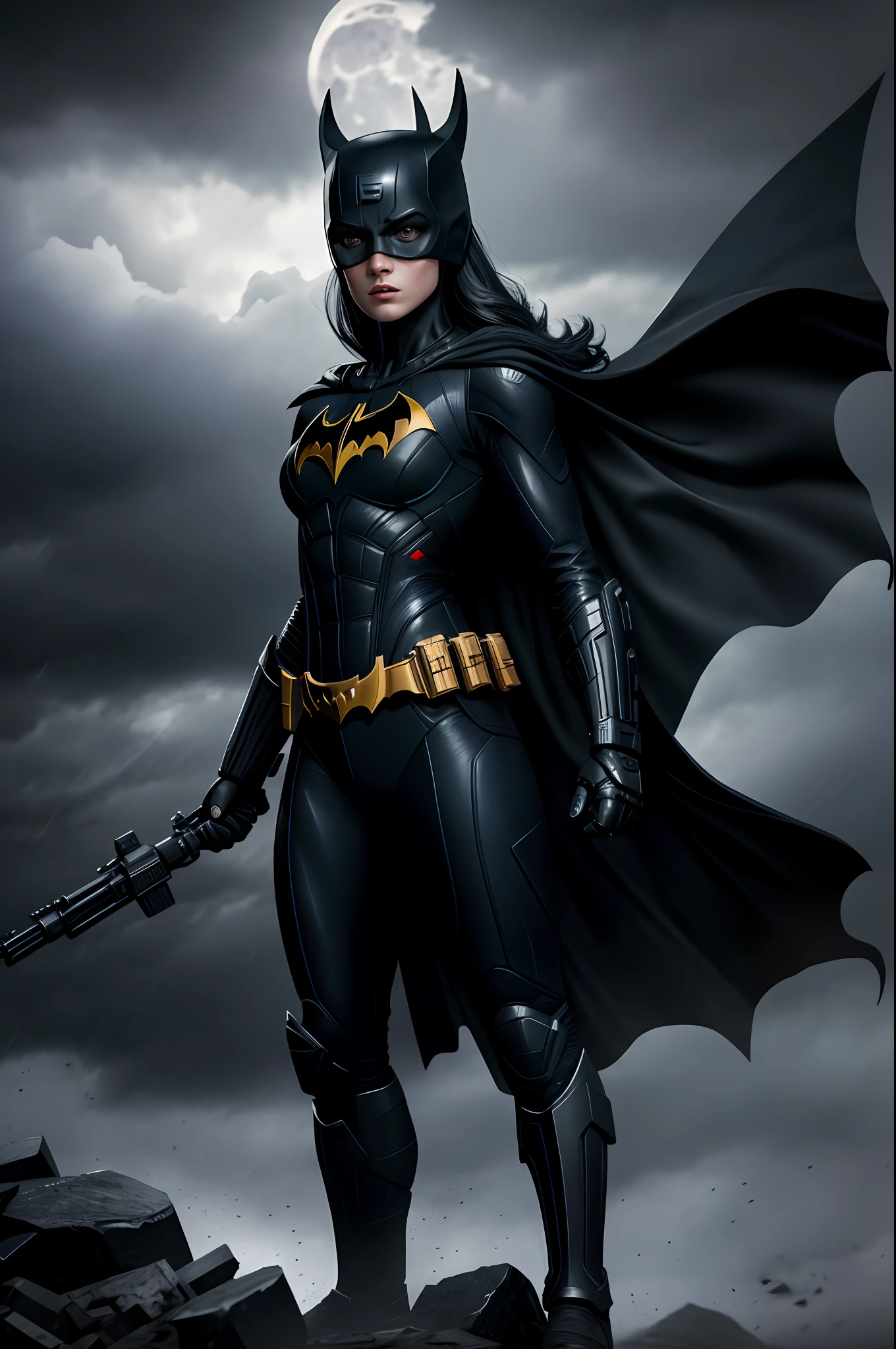 (8k, RAW photo, best quality, masterpiece: 1.2), ultra detailed, official art, photo-realistic: 1.37, upper body shot, DC Batgirl, film grain, action pose, torrential rain, moonlight through clouds