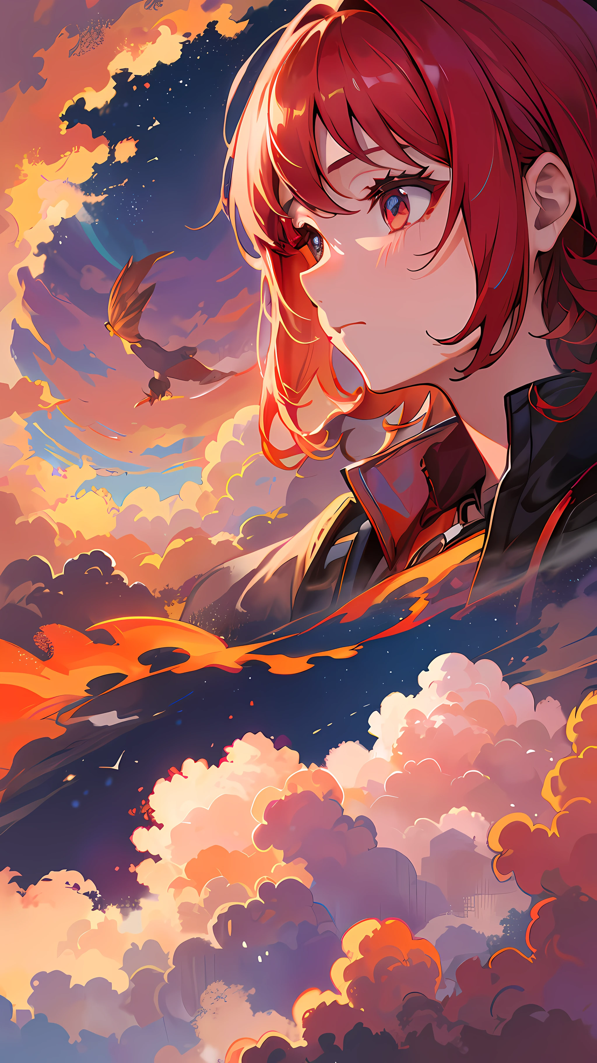 The girl's eyes were full of yearning and longing, and she always imagined that she could fly to the clouds and see the sky shrouded in fiery red clouds. She believes that there must be the beauty she yearns for, the dreams and fantasies of her childhood. Whenever she saw that fiery red cloud, an indescribable emotion always surged in her heart, as if she could no longer suppress her desire. She wanted to fly above that fiery red cloud, get close to the cloud, and feel the beauty and mystery there. Despite the distance from herself, the girl's heart is still full of faith and courage. She believes that she can realize her dream, that she can reach the cloud covered in fiery red clouds, and see the beauty and world she longs for. (8K resolution, craving, super detailed)