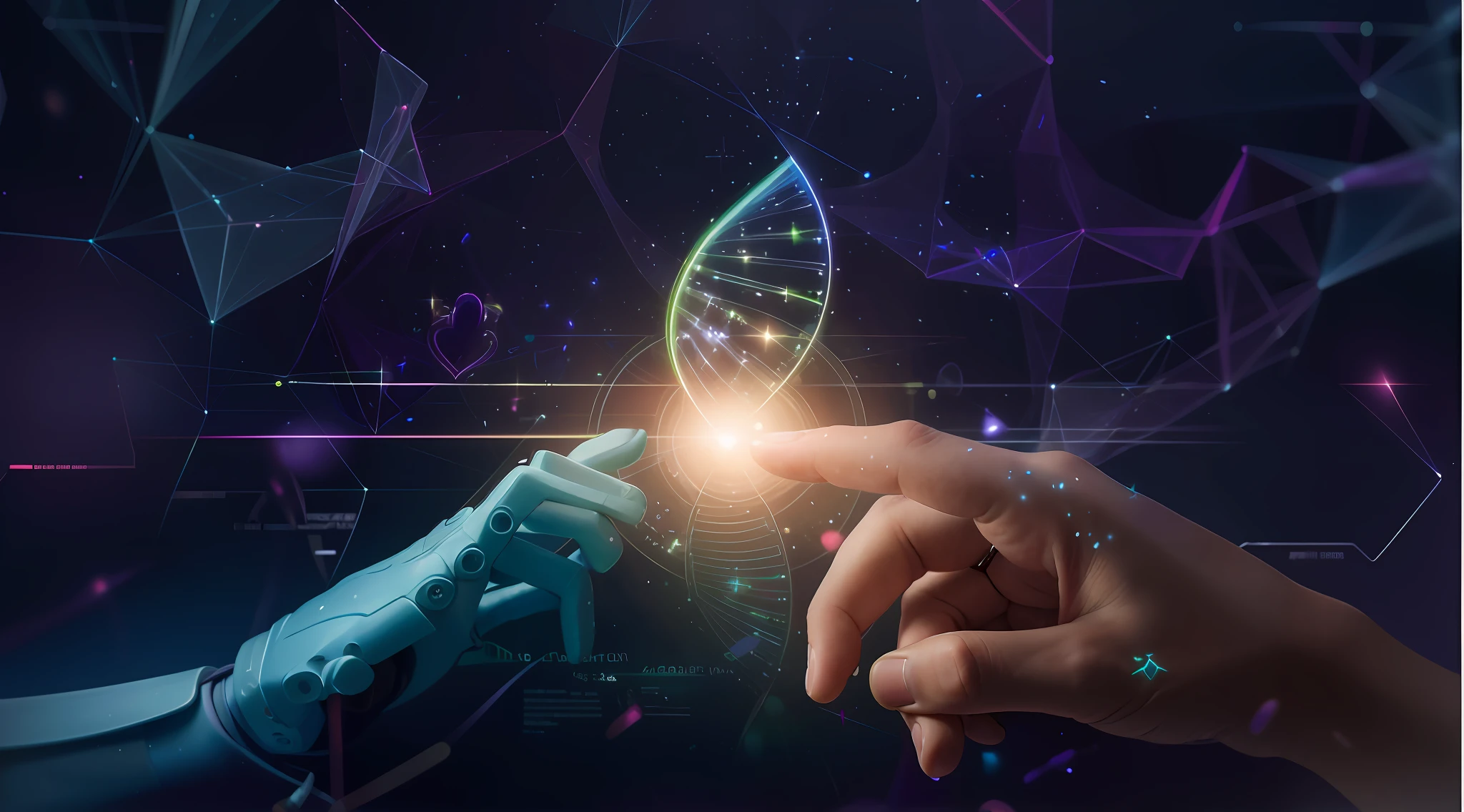Someone is touching a human woman's hand with a digital image of the DNA structure, endless collaboration with AI, morphing DNA, the upcoming AI singularity, generative technology, powerful artificial intelligence, biohacking, network-enhanced implants, Gaia humans and digital, interconnected human life forms, data holograms, connected to heart machines, technological singularities, DNA experiments, transhumanism