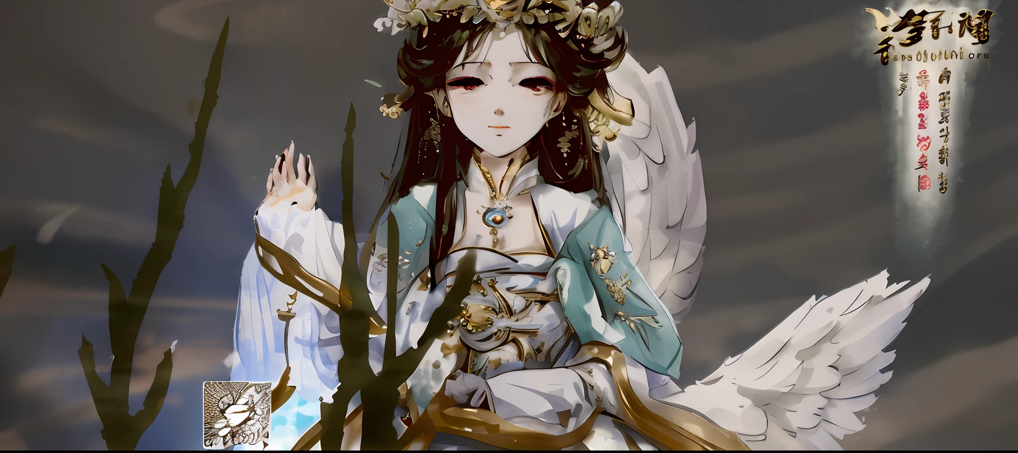 anime character with a white dress and a crown on her head, wearing angel halo, hyperdetailed fantasy character, ((a beautiful fantasy empress)), a beautiful fantasy empress, artwork in the style of guweiz, guweiz, gilded lotus princess, clothes themed on a peacock mage, guweiz masterpiece, highly detailed character, as a mystical valkyrie