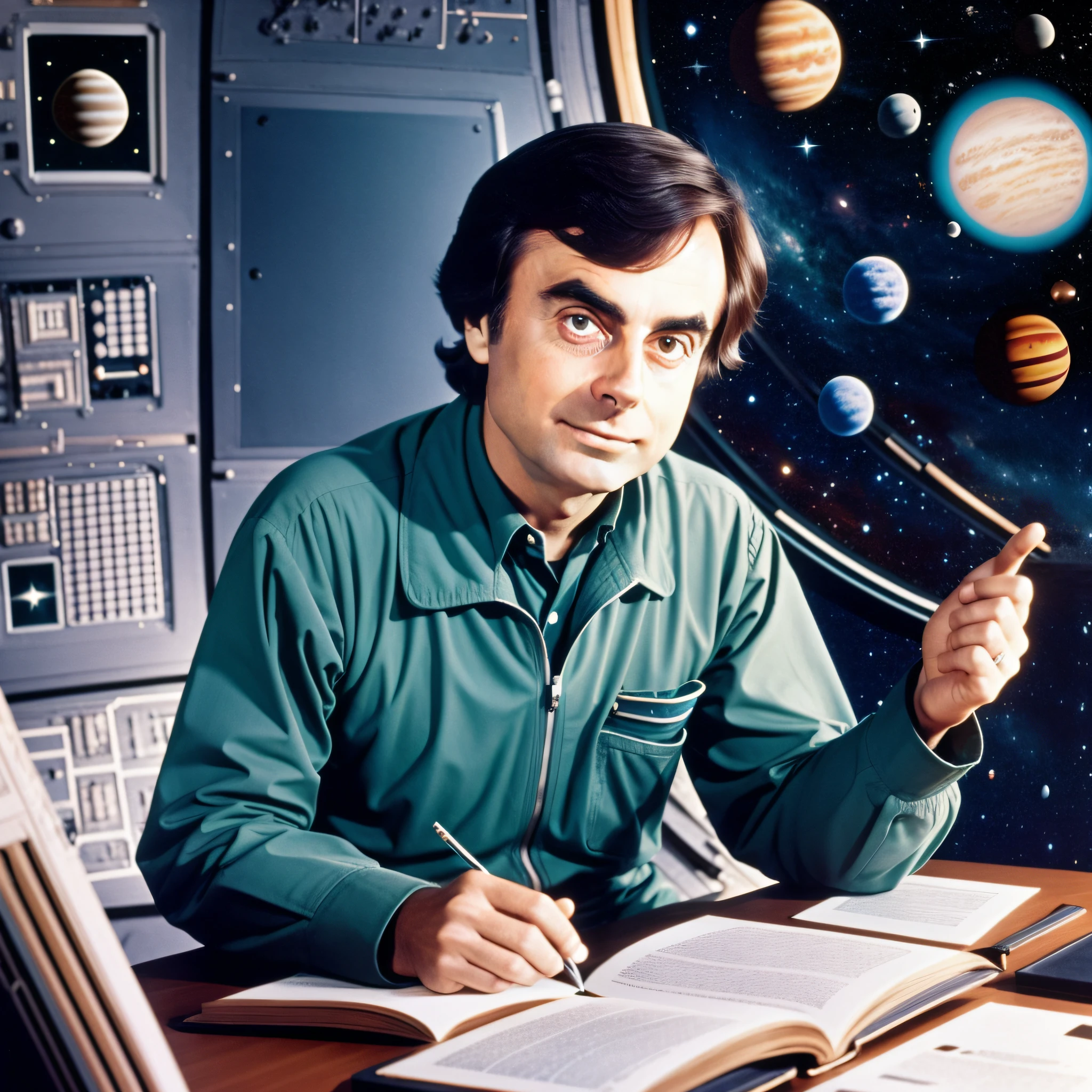 Carl Sagan author and host of the cosmos series, teaching in outer space.