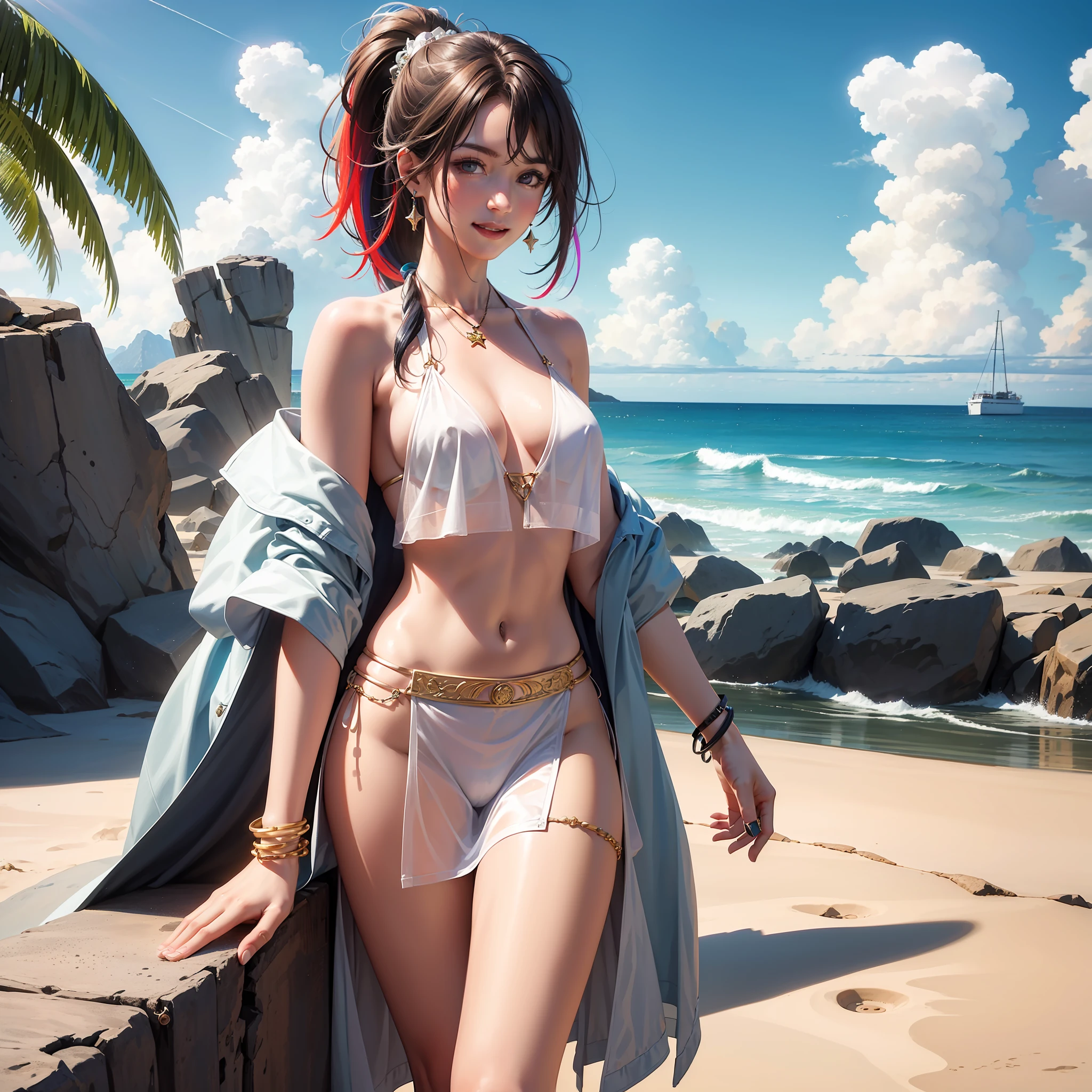 (Masterpiece: 1.5), (Best Quality: 1.5), High Resolution, High Detail, 1 Girl, Solo, Skin Highlight, Sharpen, Clear, straight hair, ponytail, multicolored hair, Jewelry, bracelet, earrings, cowboy shot, pale skin, smile, beach, micro bikini