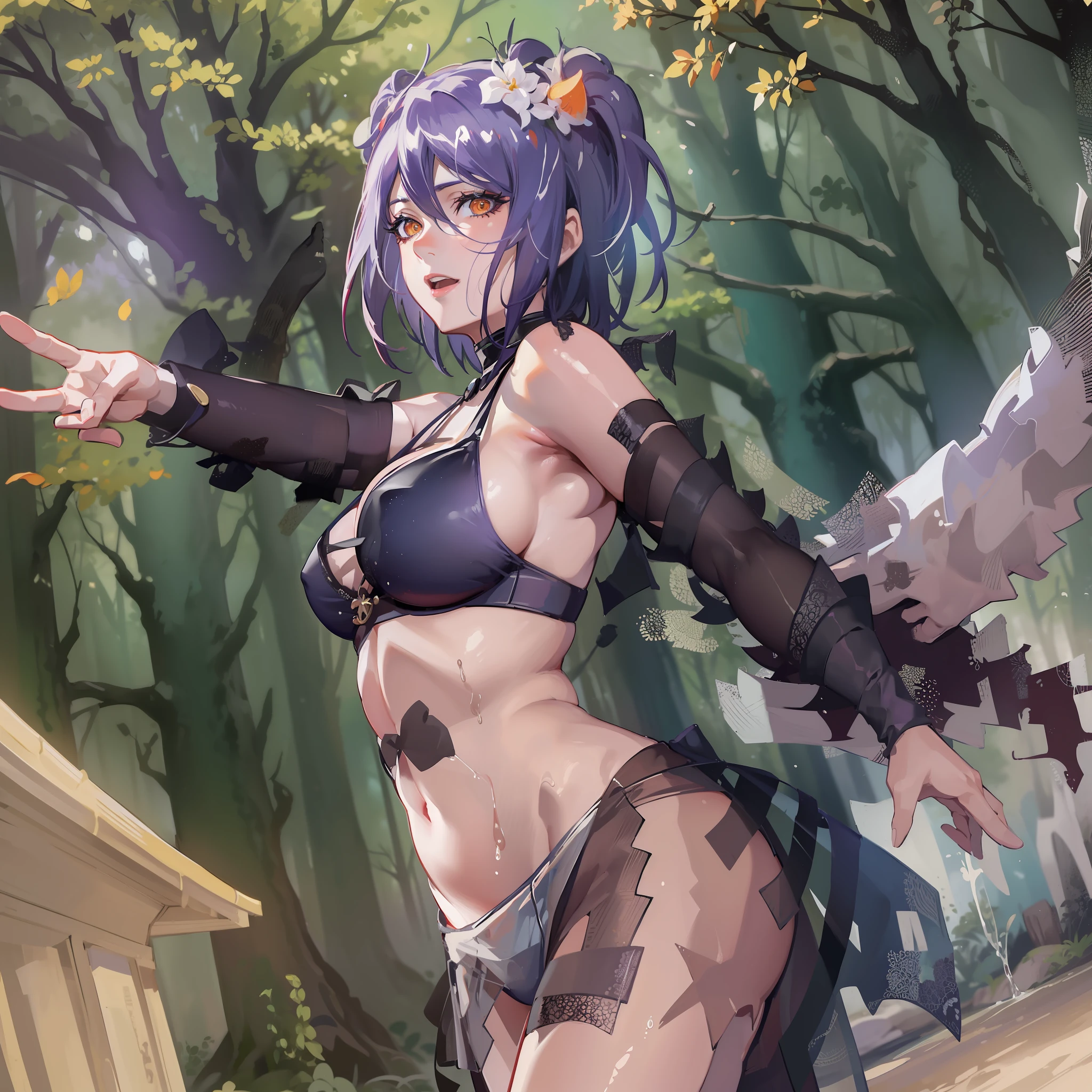 best quality, masterpiece, highly detailed, more realistic, high definition, konan naruto, orange eyes,akatsuki bikini,mature star, realistic breasts, beautiful body, akatsuki bikini big breasts, big ass, short purple hair, woman dancing in the forest, forest in ancient russia, night, white lingerie, historical site, old dress, seduction, make an erotic face, make an erotic face, moonless night, moonless night, blood moon, too little light, too dark, too dark, no light, fog