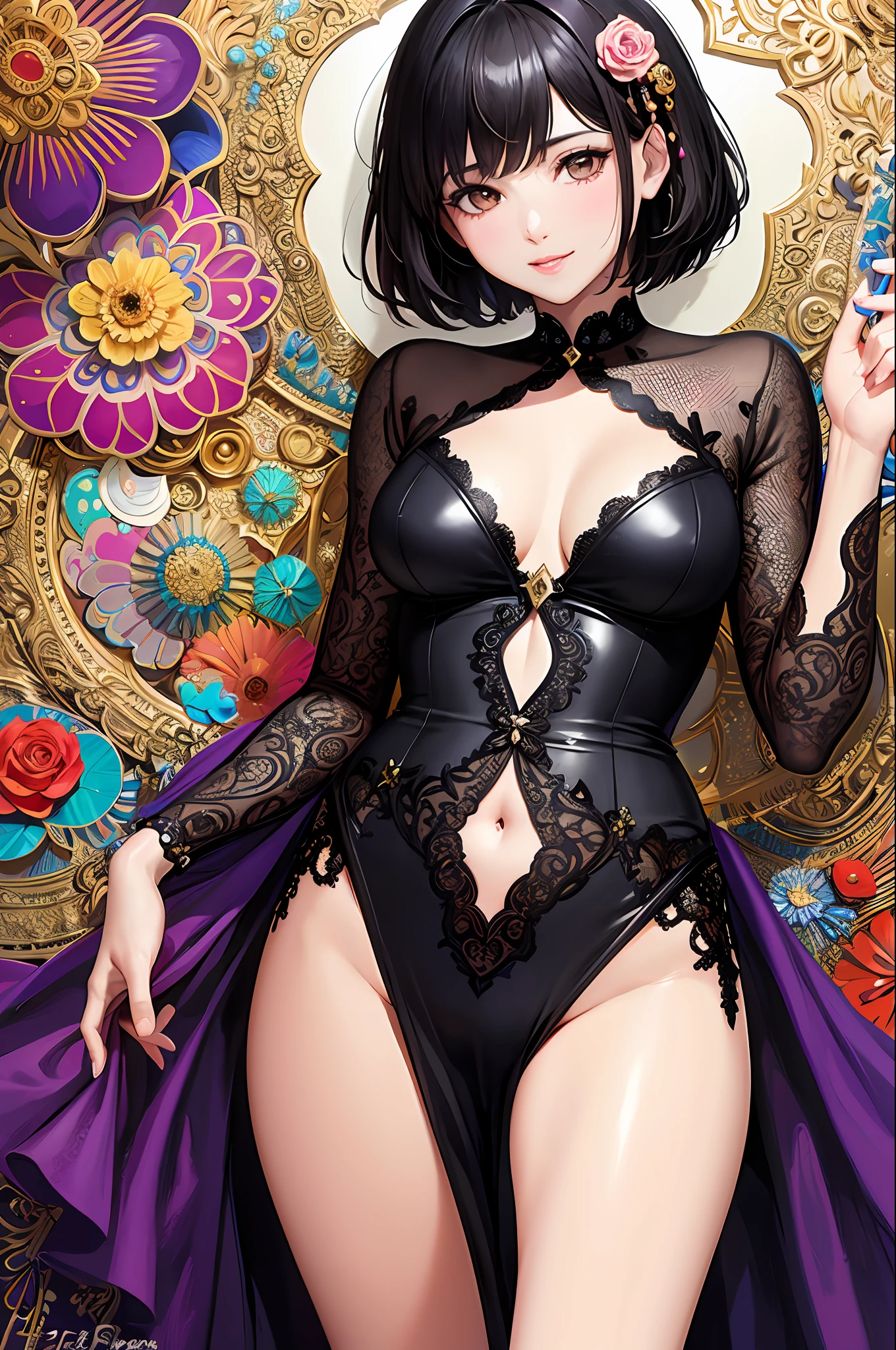 Black hair, dark brown hair, short hair, short hair, short hair, short hair, small buttocks, smile, shiny hair, shiny skin, plump lips, expressive, cute and sparkly aura, (masterpiece, highest quality, highest quality, official art, beautiful and aesthetic: 1.2), (1 girl: 1.3), very detailed, (fractal art: 1.1), (colorful: 1.1) (flower: 1.3), supreme detail, (zentangle : 1.2), (dynamic pose), (abstract background: 1.3), (shiny skin), (many colors: 1.4),