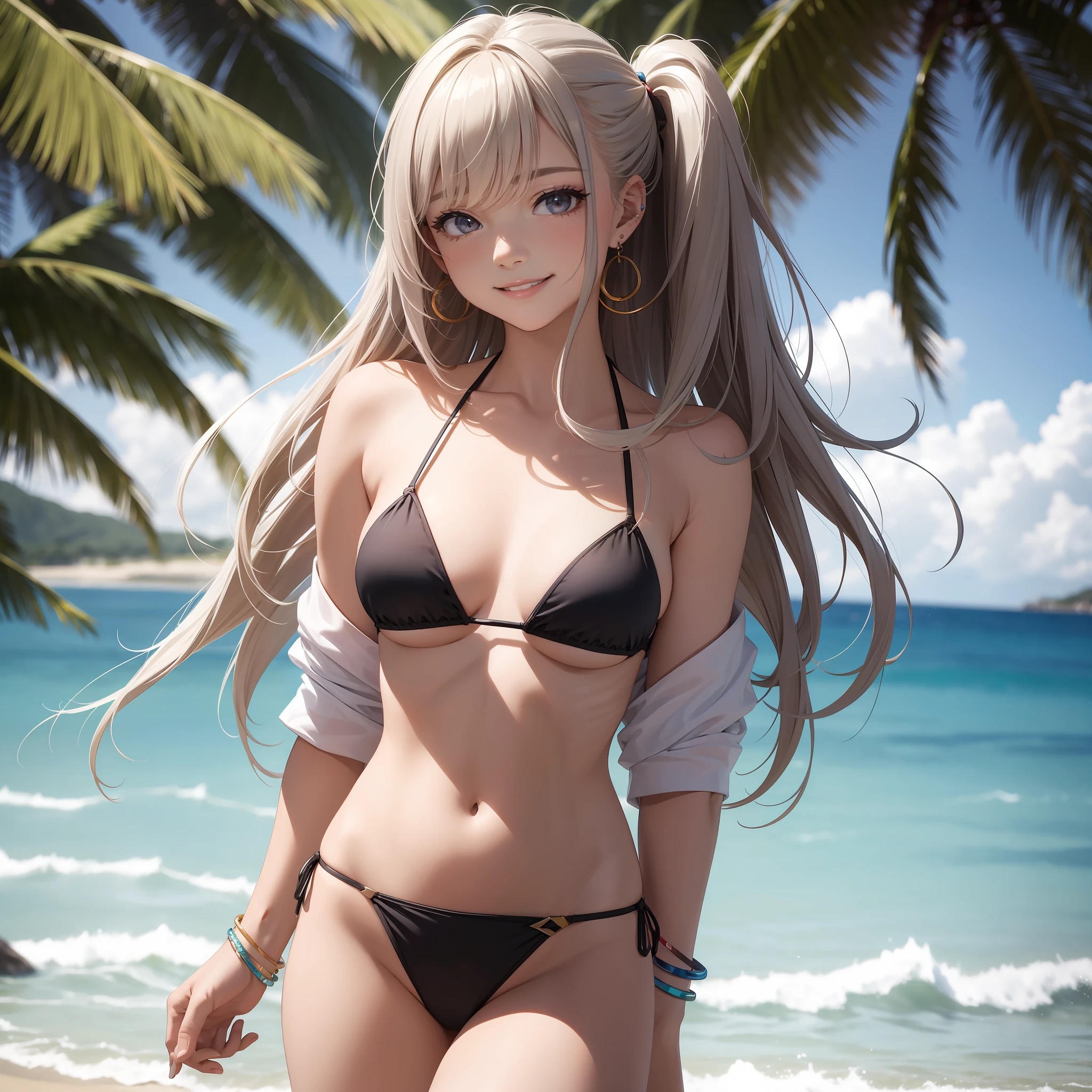 (Masterpiece: 1.5), (Best Quality: 1.5), High Resolution, High Detail, 1 Girl, Solo, Skin Highlight, Sharpen, Clear, straight hair, ponytail, multicolored hair, Jewelry, bracelet, earrings, cowboy shot, pale skin, smile, beach, micro bikini