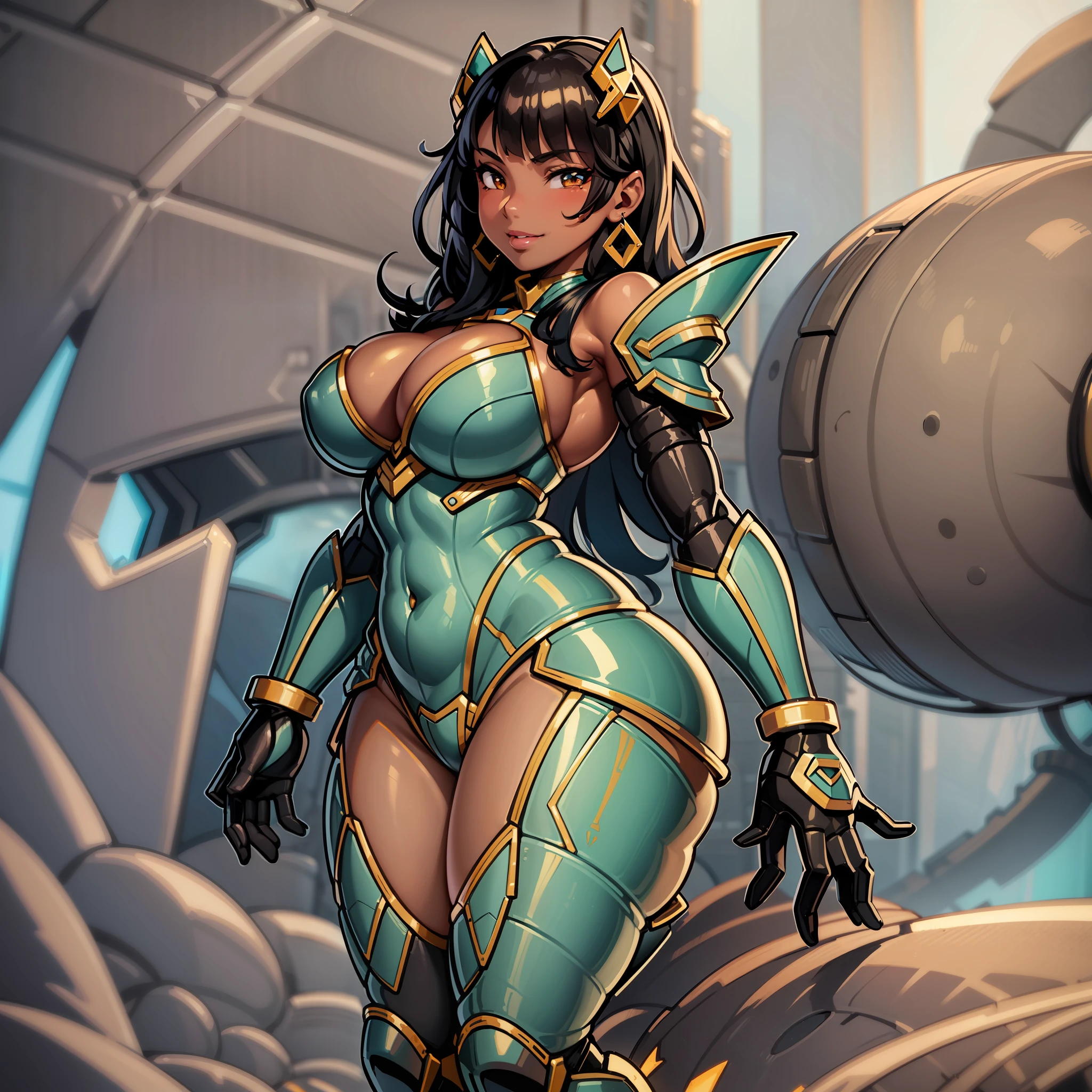 1girl, solo, breasts, dark_skin, dark-skinned_female, straight_hair, black_hair, shiny, shiny_hair, lips, parted_lips, brown_eyes, huge_breasts, huge butt, eyelashes, big_lips, lipstick, very_long_hair, mole, mole on chest, very dark-skinned female, chubby female, chubby girl, highly detailed, clear focus, shitu-mecha, mecha suit, anposeime style, mecha musume, full mecha suit, smile, mechanical armor, mecha armor garage background, full body, robot armor, full iron armor, full armor, cute, shiny armor, fantasy