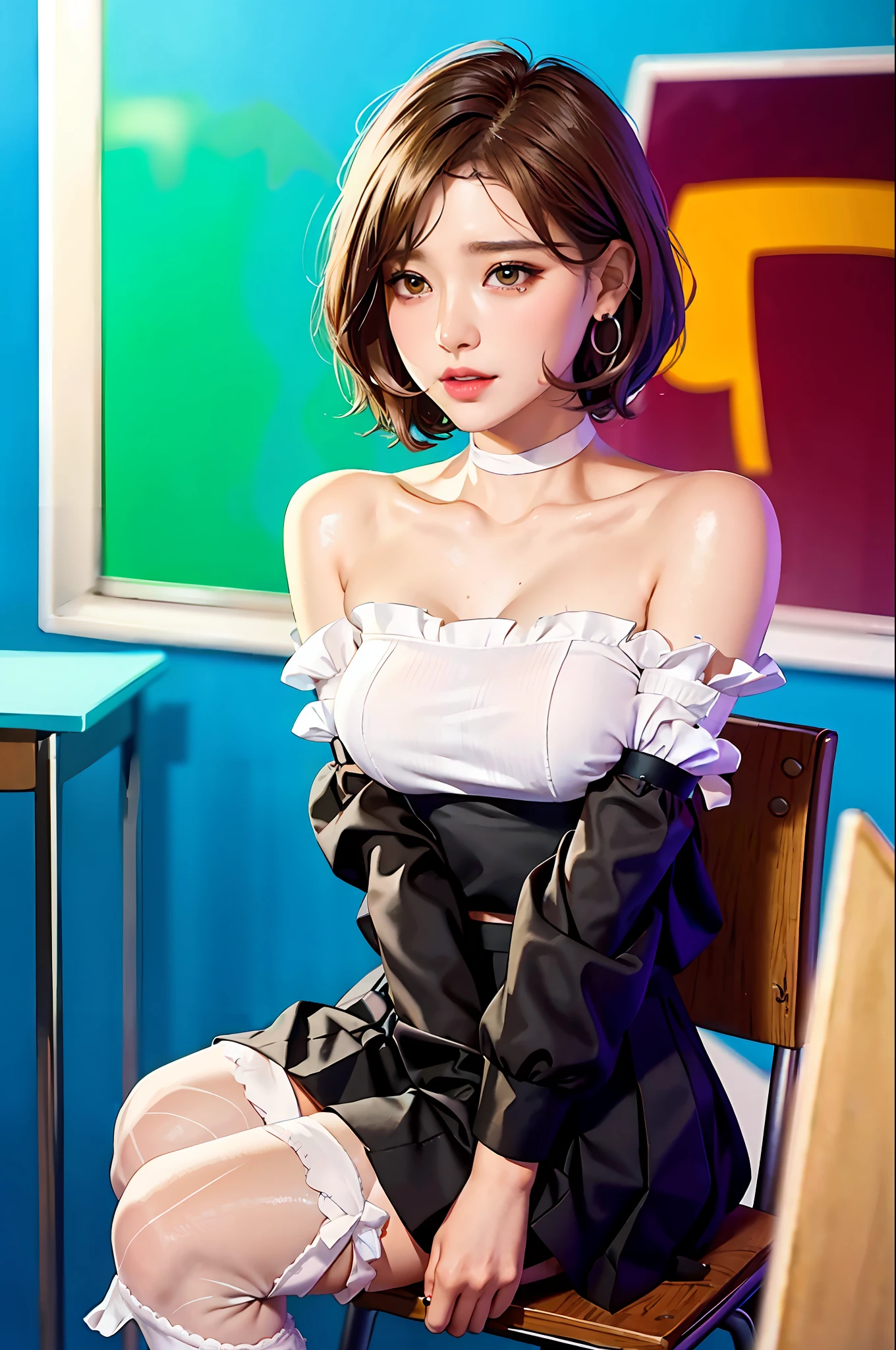 male indulgent look, wet lips, circle earrings, wet hair, masterpiece, top quality, ultra detail, illustration, colorful, depth of field, lens glow, one girl, anime, sitting, brunette look, school, classroom, pleated mini skirt, school uniform, serafuku, black pantyhose, delicate skin texture, delicate fabric texture, nice and meticulous face, bare shoulders