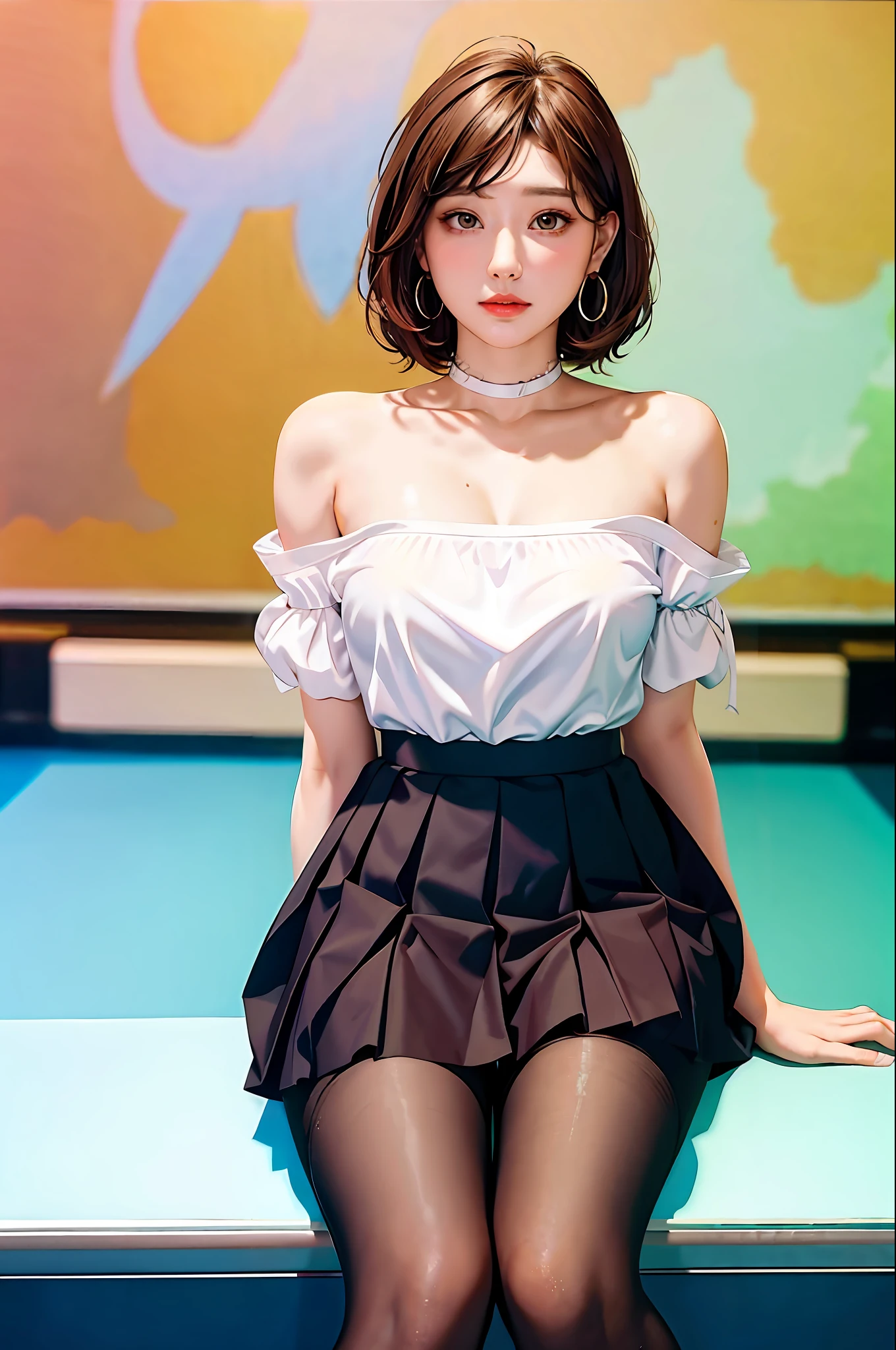 male indulgent look, wet lips, circle earrings, wet hair, masterpiece, top quality, ultra detail, illustration, colorful, depth of field, lens glow, one girl, anime, sitting, brunette look, school, classroom, pleated mini skirt, school uniform, serafuku, black pantyhose, delicate skin texture, delicate fabric texture, nice and meticulous face, bare shoulders