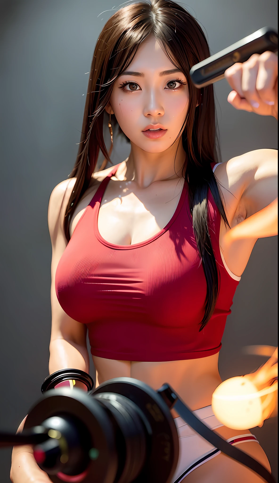 muscular woman, fighting pose, red tank top, gorgeous young korean woman, beautiful korean woman, korean girl, beautiful young korean woman, korean woman, beautiful asian girl, asian girl, trained thick arms, fighter, big breasts, wet hair, beautiful asian woman, gorgeous chinese model, lit up ring, crowded