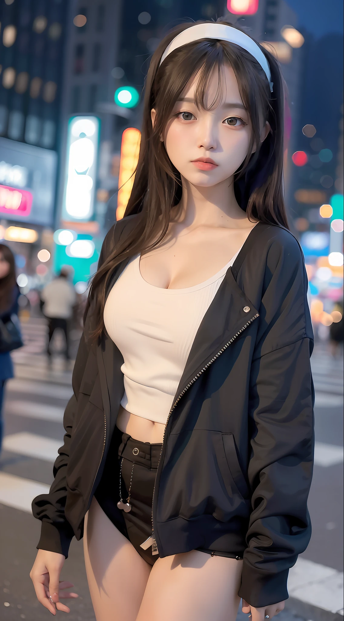 (top quality, masterpiece 1.2), (detailed eyes: 1.2), intricate detail, depth of field, 1 girl, city, neon, neon lights, night, moon,