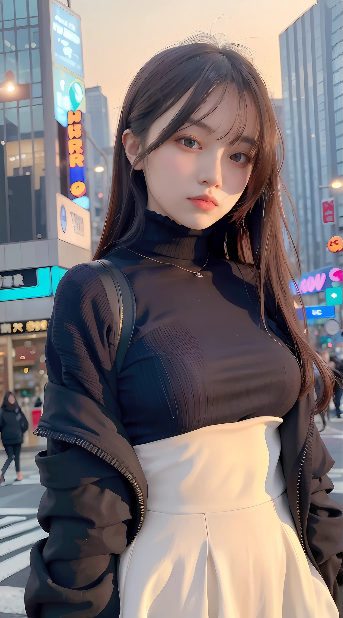 (top quality, masterpiece 1.2), (detailed eyes: 1.2), intricate detail, depth of field, 1 girl, city, neon, neon lights, night, moon,