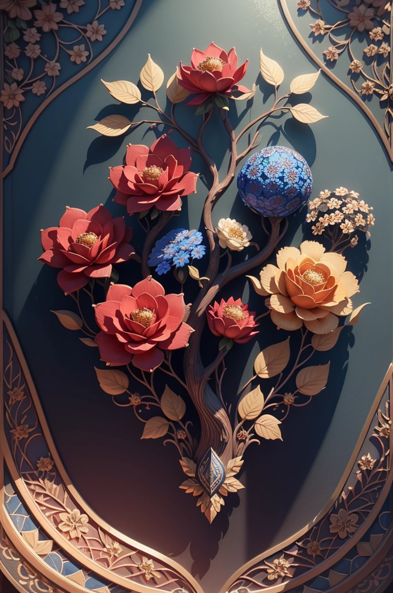 3D illustration, floral and branch design, filigree, deep colors, blues, golds, reds, Persian tile design, symmetric, (best quality), master piece, high res, highly detailed, expansive, dynamic, generative, cinematic lighting, octane render, 8k, Persian art style, intricate, ornamental