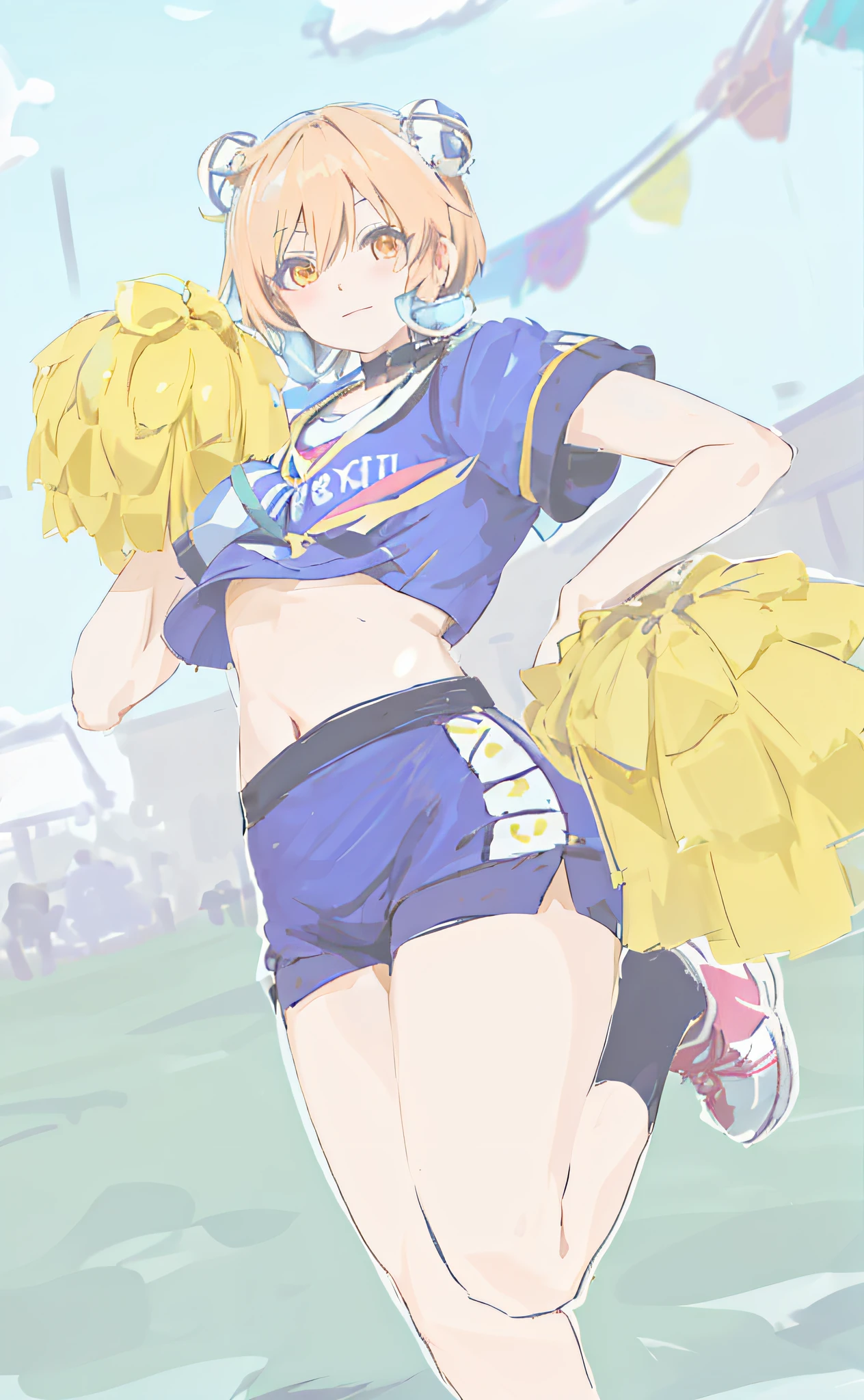 anime girl in cheerleader outfit running on the beach with a pom pom, zerochan art, cheering, zerochan, at pixiv, marin kitagawa fanart, full body portrait of a short!, sketchy artstyle, knights of zodiac girl, yuyushiki, kda, high quality fanart, cushart kenz, pixiv, rei hiroe, colored sketch