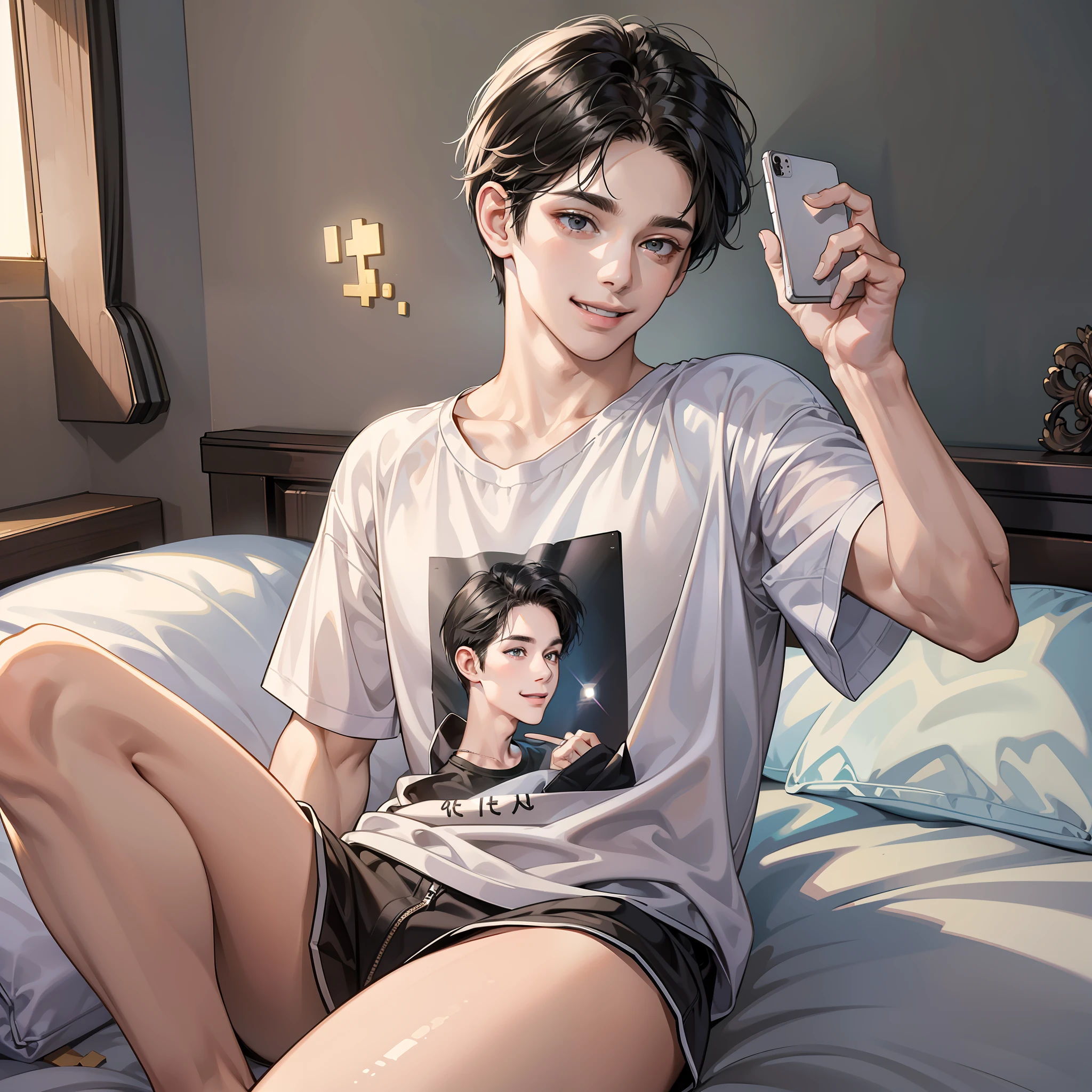 Masterpiece, high quality, best quality, HD, realistic, perfect lighting, detailed face, detailed body, 1 man, short black hair, white t-shirt, (smile emoji: 1.5) (happy face: 1.5), holding mobile phone in hand, mobile phone: 1.4, sitting on bed, dormitory, getting in and out of bed
