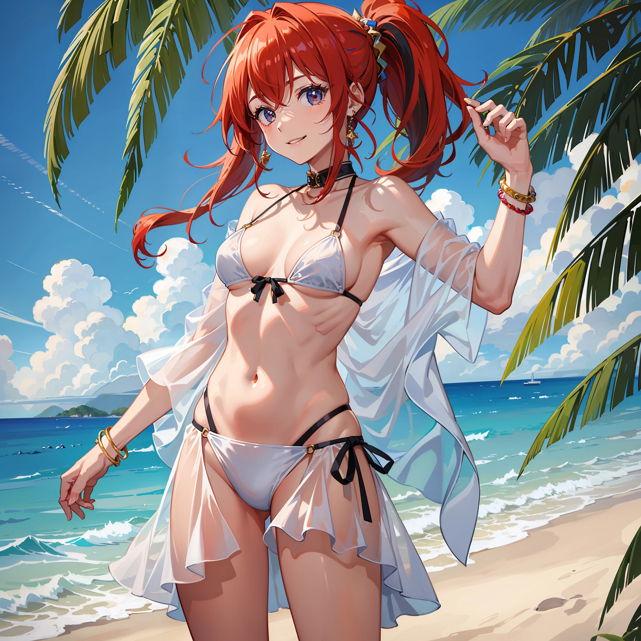 (Masterpiece: 1.5), (Best Quality: 1.5), High Resolution, High Detail, 1 Girl, Solo, Skin Highlight, Sharpen, Clear, straight hair, ponytail, multicolored hair, Jewelry, bracelet, earrings, cowboy shot, pale skin, smile, beach, micro bikini
