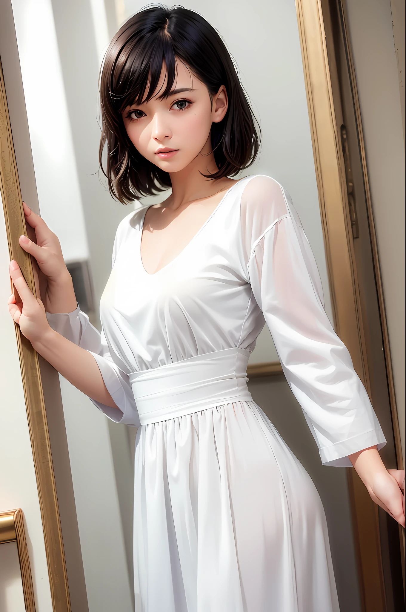 (RAW photo, best quality), (Realistic, Photorealistic: 1.2), One girl, High Quality, (High Definition Skin: 1.4), Puffy eyes, Gorgeous hair, (Darkroom: 1.3), (Rim Lighting: 1.3), (Dim Light: 1.3), (Dark Night: 1.3), Indoors, Portrait, Black hair, Dark background, Short hair, One beautiful woman, White clothing