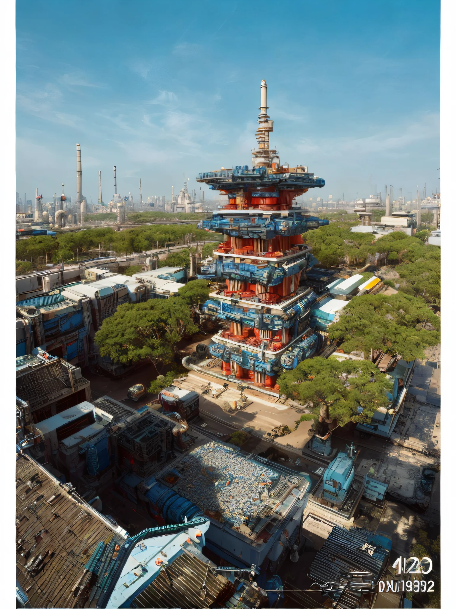 sci-fi cyberpunk city, building street, reactor, breeder, refinery, car, bridge, sunny day, exotic architecture, masterpiece, best quality, high design, surreal