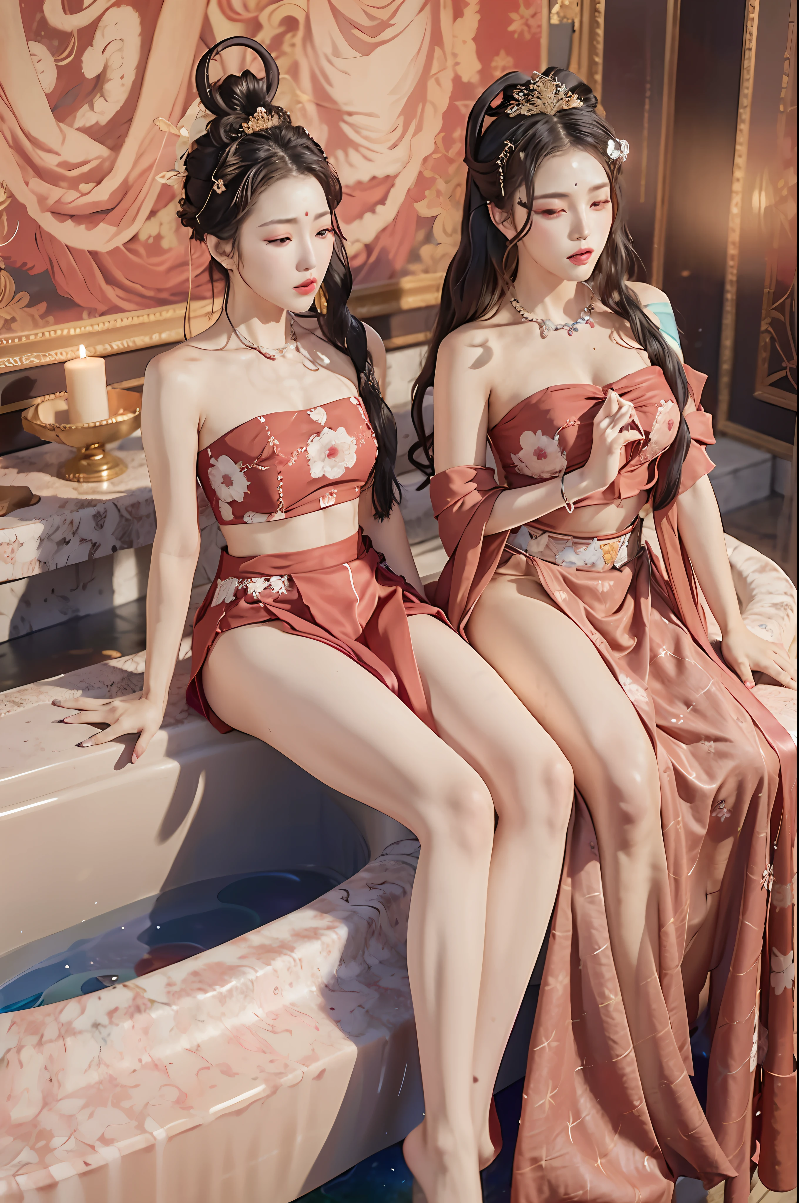 Very detailed CG unity 8k wallpaper, (masterpiece), (best quality), (ultra-detailed), (ultra-realistic), (best character detail: 1.36), Nikon d750 f/1.4 55mm, dynamic angle, professional lighting, photon mapping, radiosity, physically based rendering, blush, 1girl, mature woman,, golden ratio, (Kpop idol), (oil skin: 1.2), (oil skin: 1.1), makeup, [:(high Detailed face:1.2):0.2]:,PureErosFace_v1, ((curly black hair and delicate style)), (aegyo sal:1), (puffy eyes), (eyelashes: 1.1), (lips: 1.1), red lipstick, wide shoulders, (big breasts: 1.1), (cleavage: 1.1), sexy, drenched, bare shoulders, bare belly, (big ass: 1.2), bare legs, transparent silk gauze skirt, ?????, see-through, Song dynasty, Song clothing , hyper-realistic photo, a man and a woman, (couple cuddling), ?????, kneeling, legs open, buttocks exposed, transparent, bathing, bathing,