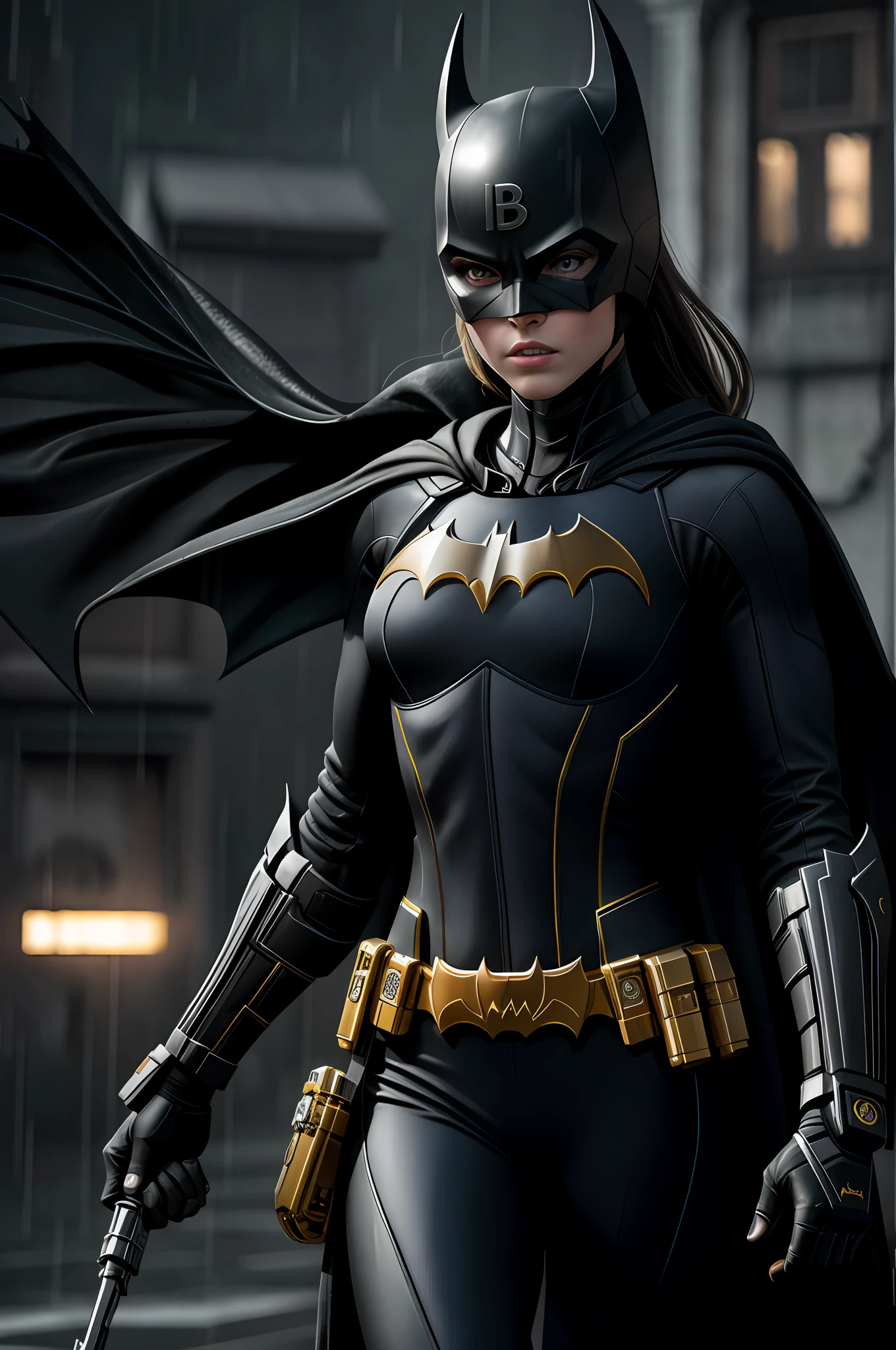 (8k, RAW photo, best quality, masterpiece: 1.2), ultra detailed, official art, photo-realistic: 1.37, upper body shot, DC Batgirl, film grain, action pose, fine rain, batmobile in the background