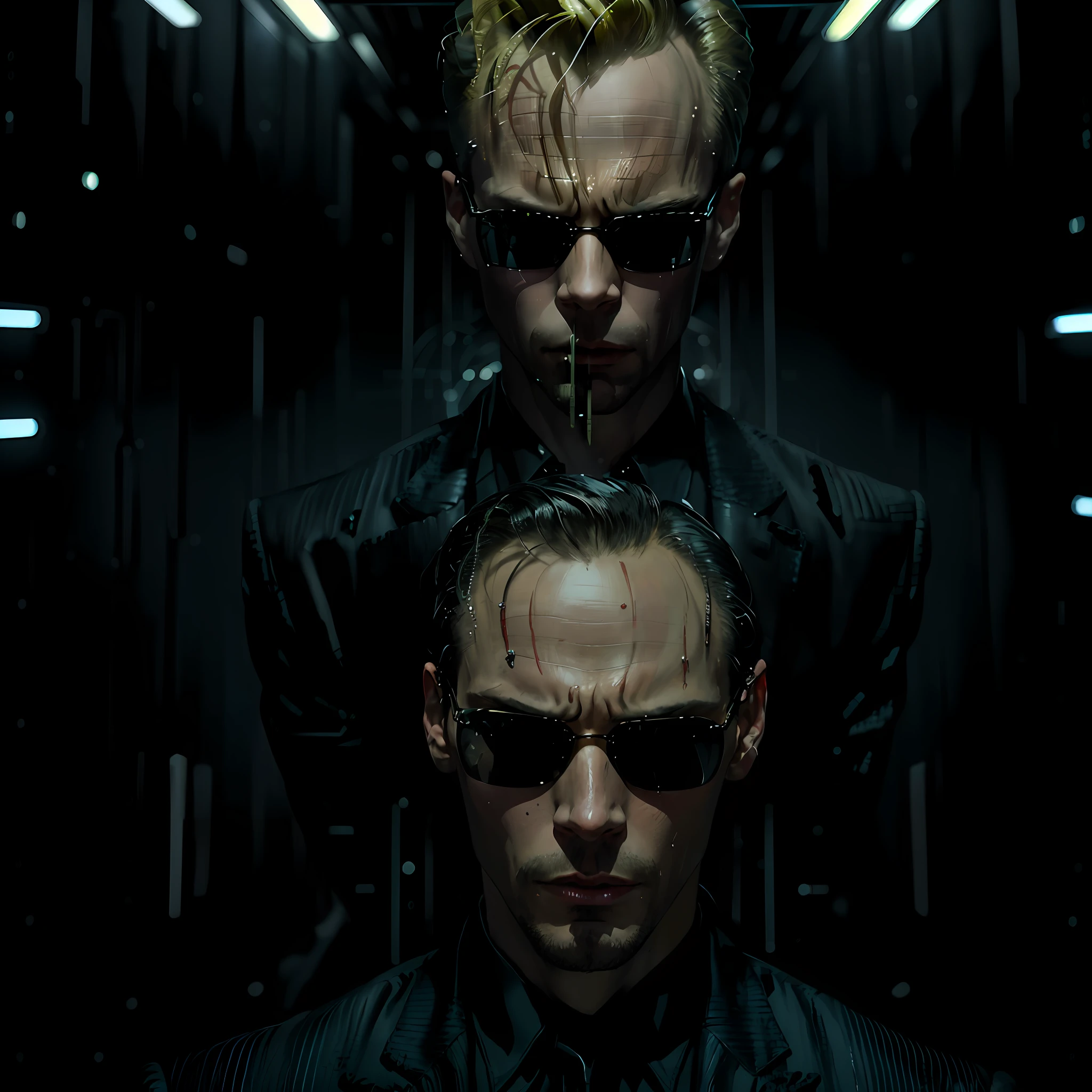 ((best quality)), ((masterpiece)), (detailed) fan art of (neo from the matix) face, ((neo from matrix face)), keanu reaves, the matrix (1999), sunglasses, night, 80mm, ((western animation)), (neo the matrix (1999)), (short hair), (tokyo street nights)