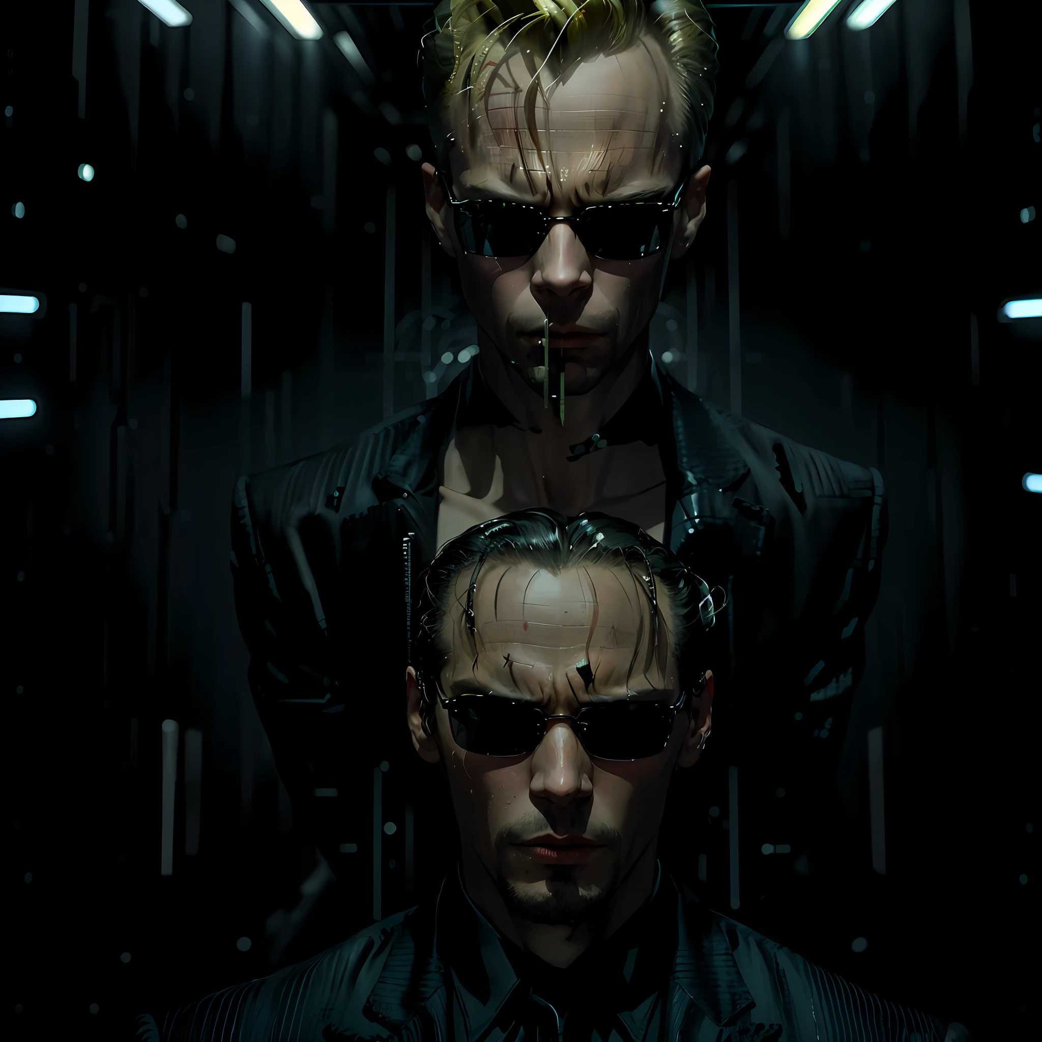 ((best quality)), ((masterpiece)), (detailed) fan art of (neo from the matix) face, ((neo from matrix face)), keanu reaves, the matrix (1999), sunglasses, night, 80mm, ((western animation)), (neo the matrix (1999)), (short hair), (tokyo street nights)