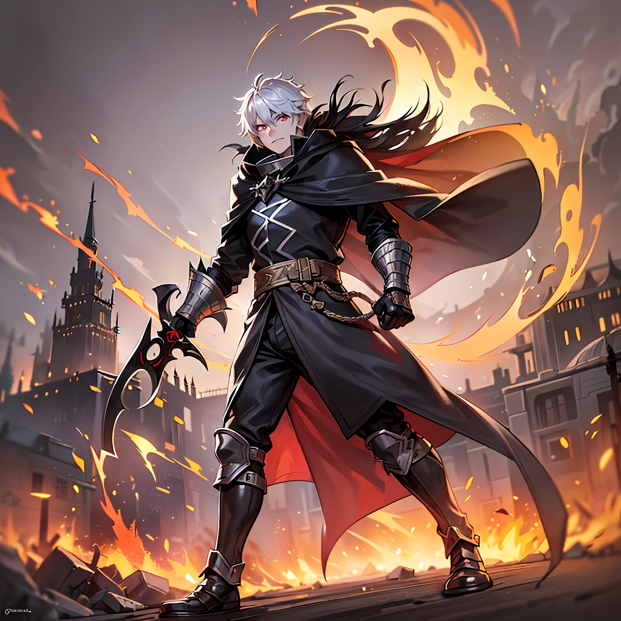 a person with a sword in front of a fire, lord of cinder, pyromancer, handsome guy in demon slayer art, wearing cloak on blasted plain, background ( dark _ smoke ), burning city background, the fire king, burning battlefield background, pinterest anime, infernal art in good quality, fire!! full body, flaming grim reaper, burning white eyes