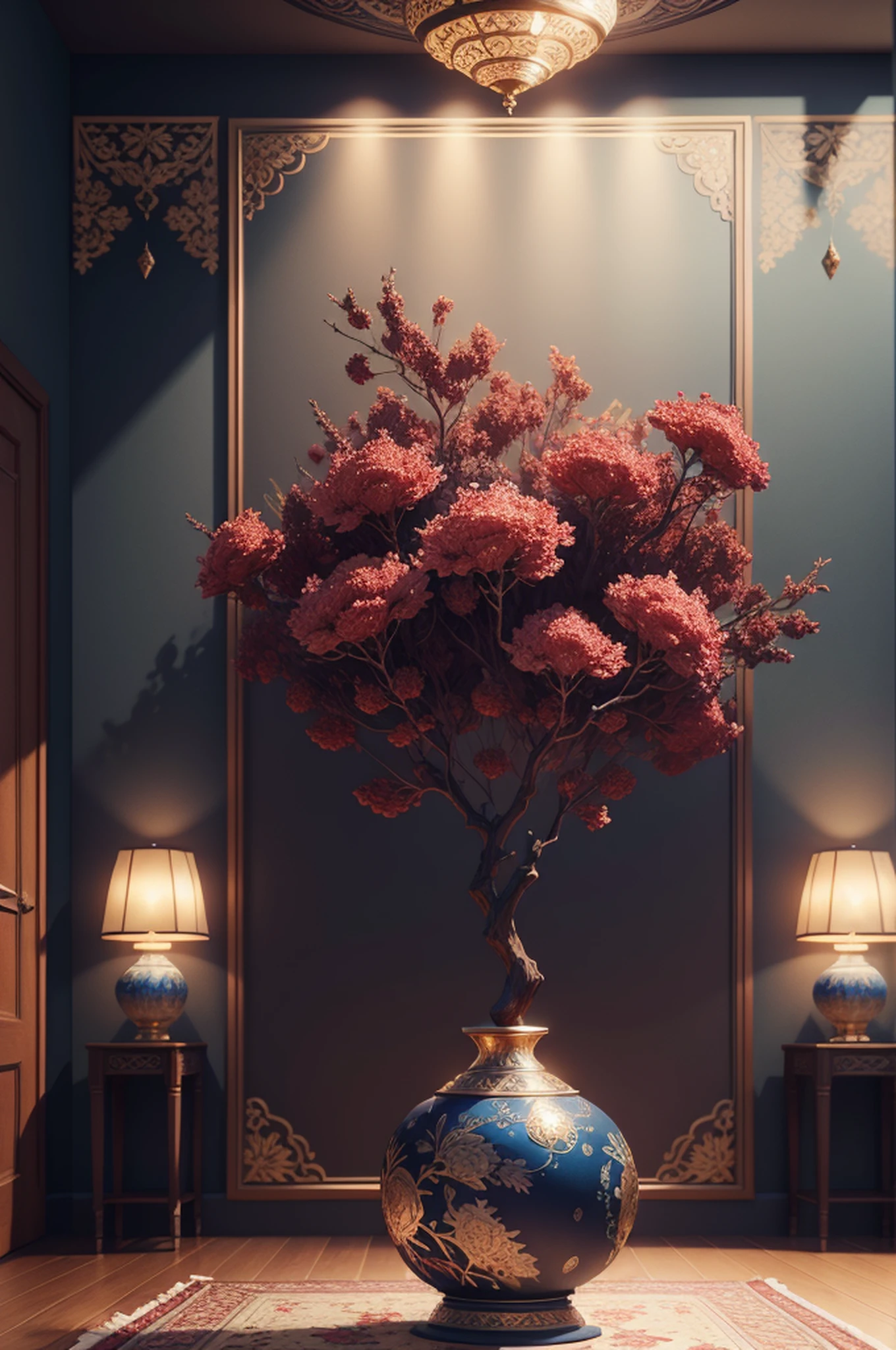 3D illustration, indoor floral and branch design, crisp filigree, deep colors, blues, golds, reds, Persian tile design, symmetric, (best quality), master piece, high res, highly detailed, expansive, dynamic, generative, soft studio lighting, octane render, 8k, Persian art style, intricate, ornamental
