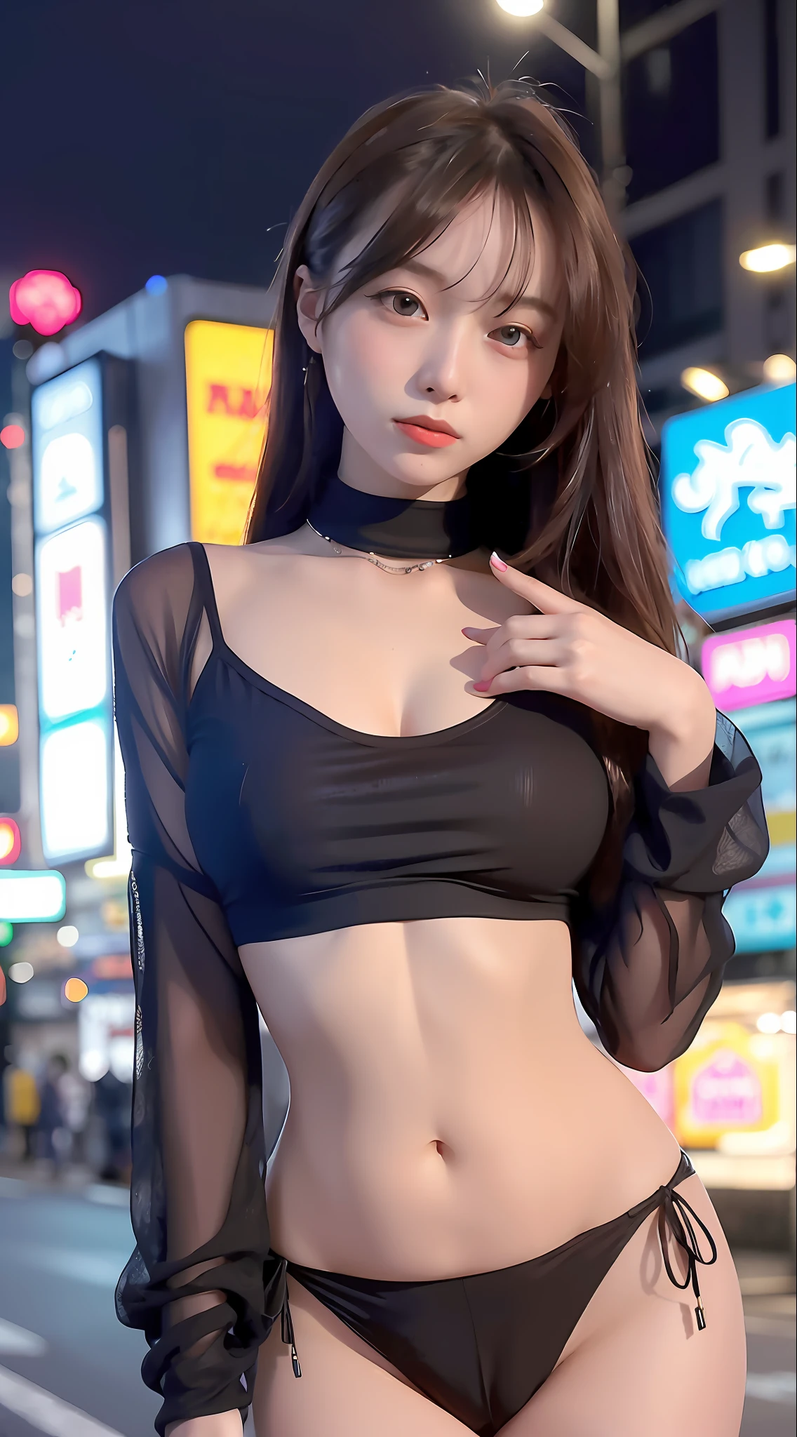 (Top Quality, Masterpiece 1.2), (Detailed Eyes: 1.2), Intricate Detail, Depth of Field, 1 Girl, Cute, Sexy, Medium, Slender, City, Neon, Neon Light, Night, Moon,