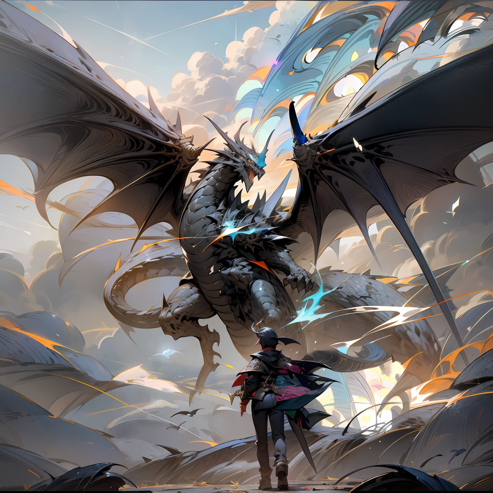 (highest quality), (super detailed), (detailed eye description: 1.2, round eyes, round pupils), best image quality, absurdity, originality, exquisite beauty, 1girl, black_hair, (masterpiece: 1.4), (best quality: 1.4), frills, volumetric light, landscape, embroidery, frills, dragon riding, night sky, stars, moon, sword