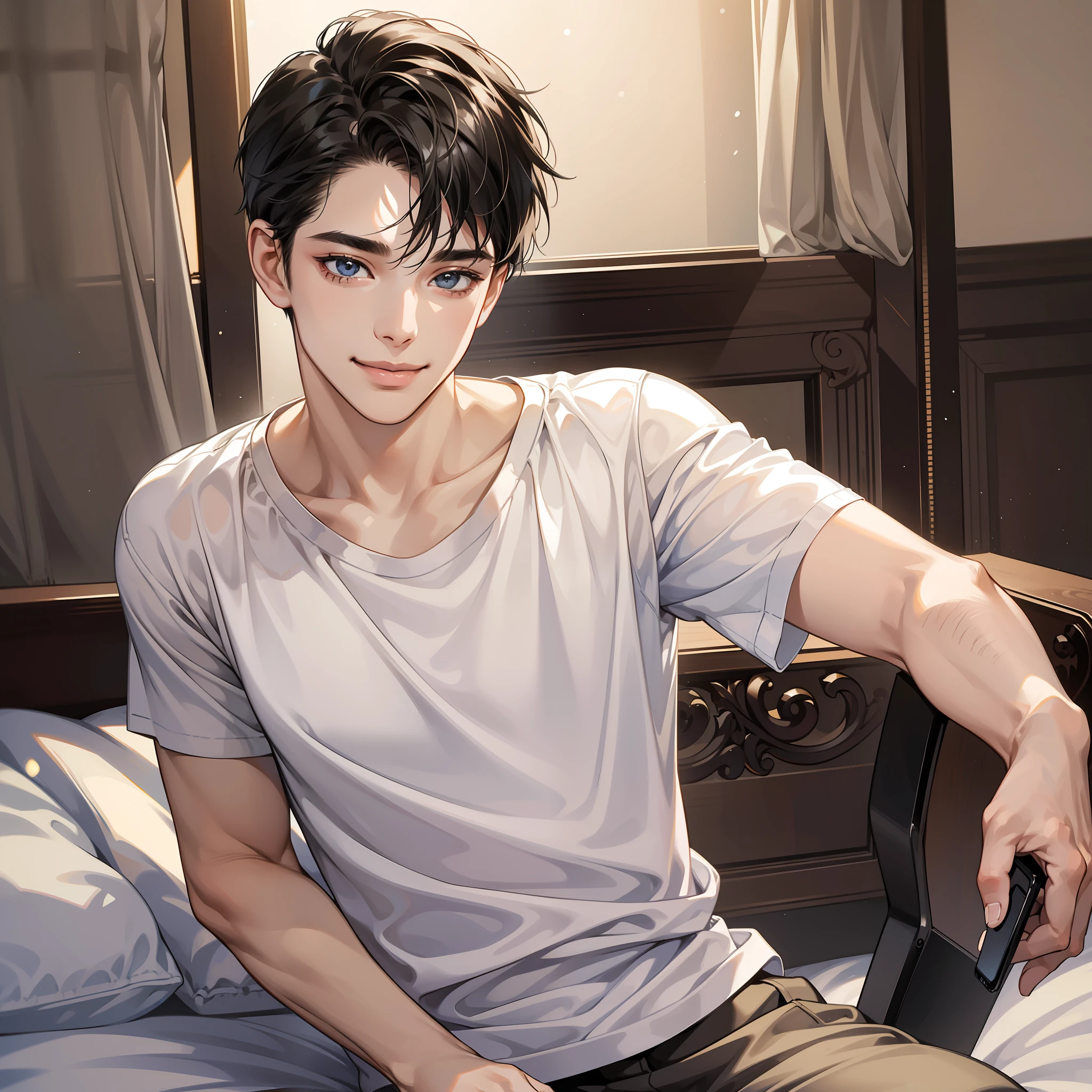 Masterpiece, high quality, best quality, HD, realistic, perfect lighting, detailed face, detailed body, 1 man, short black hair, white t-shirt, (smile emoji: 1.5) (happy face: 1.5), holding mobile phone in hand, mobile phone: 1.4, sitting on bed, dormitory, getting in and out of bed