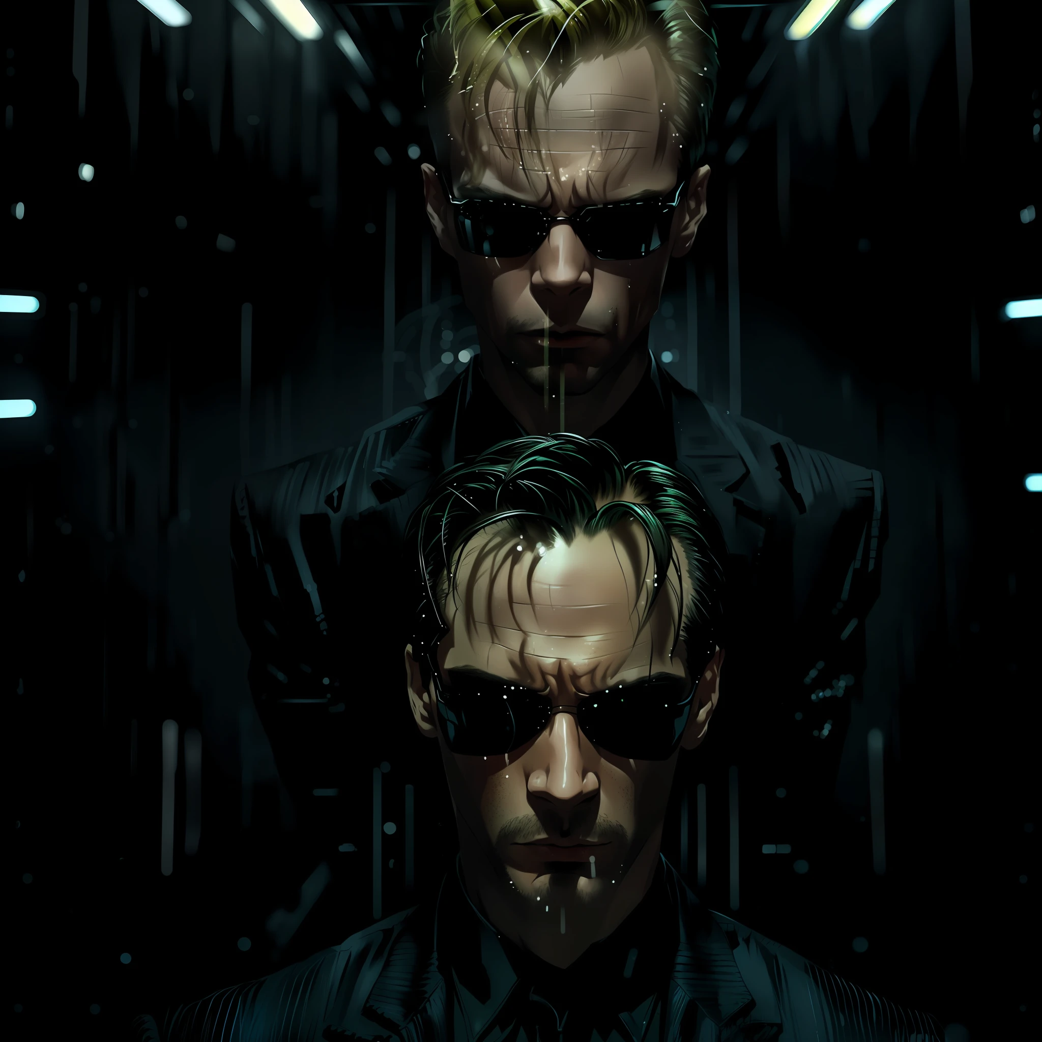 ((best quality)), ((masterpiece)), (detailed) fan art of (neo from the matix) face, ((neo from matrix face)), keanu reaves, the matrix (1999), sunglasses, night, 80mm, ((western animation)), (neo the matrix (1999)), (short hair), (tokyo street nights)
