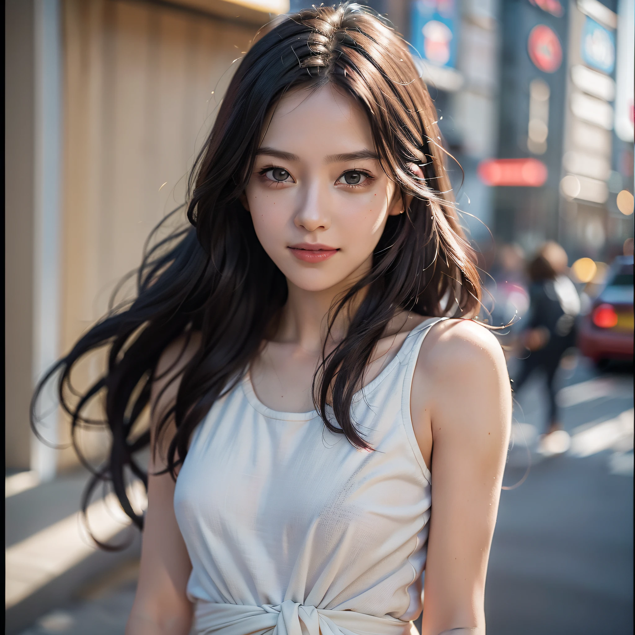 (((Very detailed face))), ((Very detailed eyes and face))), Beautiful detail eyes, smile, (Realistic: 1.4), (Detail eyes: 1.3), (Realistic, photorealistic: 1.37), (Medium view: 1.5), (Half), 1 girl, Best quality, Ultra High resolution, Tokyo Street, Tank top, Long hair, Waist, Smile, Slim, Night, 8K UHD, DSLR, High quality, film grain, fair skin, Photo realism, Lomography, seen from below, translucent