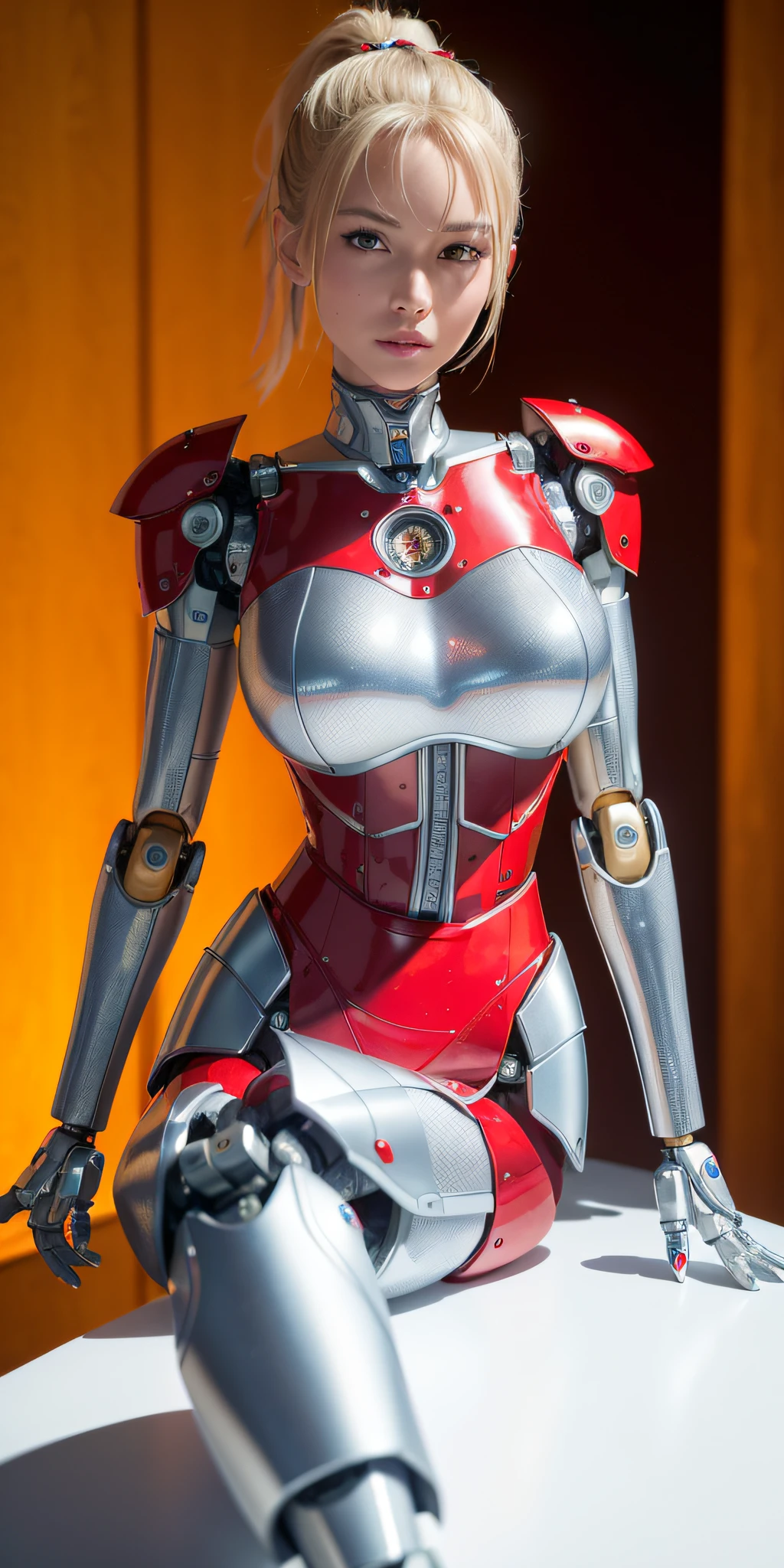 (RAW, best quality, masterpiece:1.5), (photo realistic, intricate details:1.2), ultra-high resolution, absurd, 1girl, perfect figure, light blonde, double ponytail, big breasts, thin waist, thin legs, robot, robot, cyberpunk, white porcelain cover, wire, robot, bionic limb, prosthetic technology, white body part, gold rim, platinum edge, mechanical, glittering LED, Japanese family coat of arms, red, indigo, kamon, sitting, robotic arm knee hugging, Look at the viewer, shiny skin, real skin texture, edge lighting, supermodel, best lighting, detailed background, detailed shadows, clear focus, depth of field f/2, saturation, high contrast, intense light and shadow, [:: 0.6],