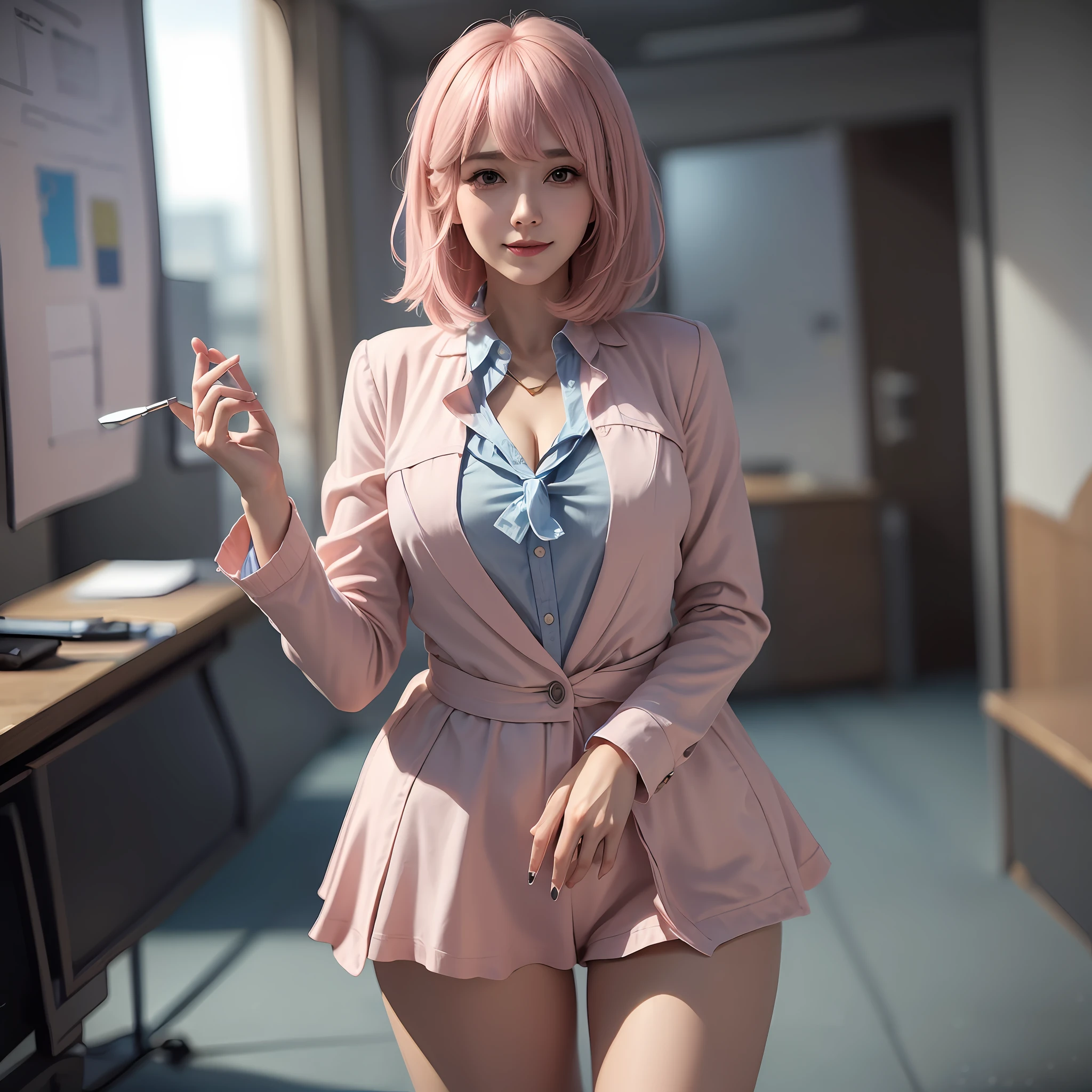 ((masterpiece, best)),(1girl),((mature woman)), light pink hair, dizzy, trumpet, ((office lady)), bangs, mid-chest, (full), slim, smiling, [wide hips] , office, standing, aru \(blue archive\), --auto --s2
