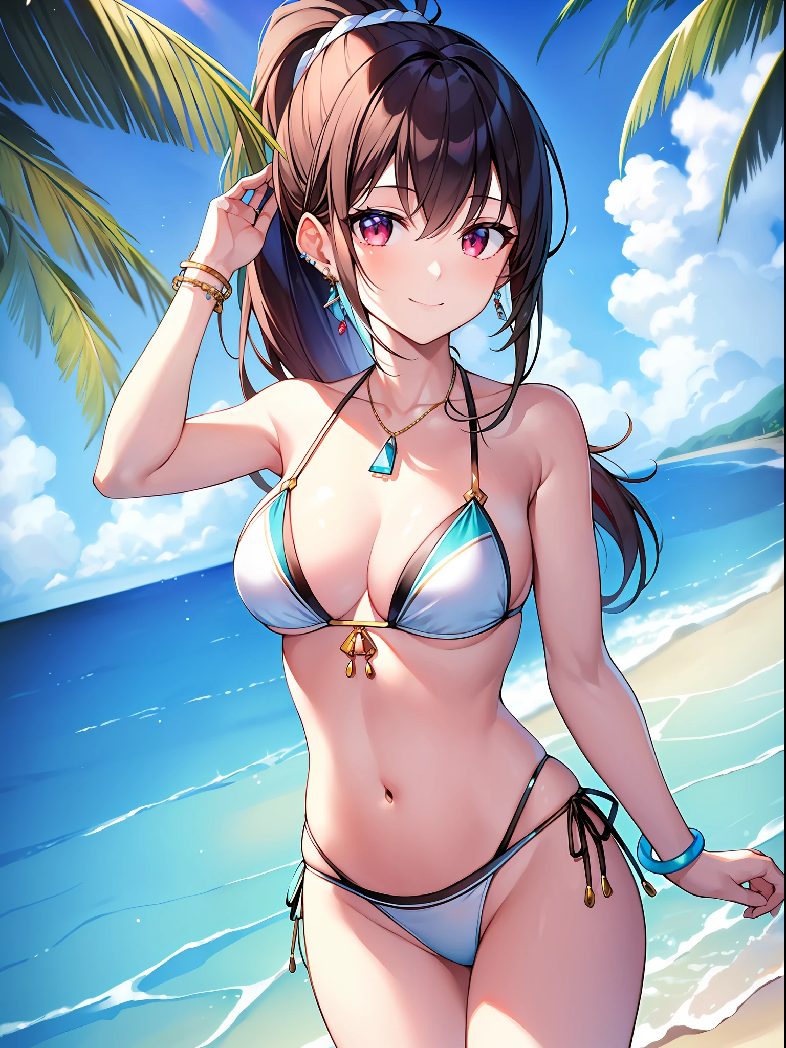 (Masterpiece: 1.5), (Best Quality: 1.5), High Resolution, High Detail, 1 Girl, Solo, Skin Highlight, Sharpen, Clear, straight hair, ponytail, multicolored hair, Jewelry, bracelet, earrings, cowboy shot, pale skin, smile, beach, micro bikini