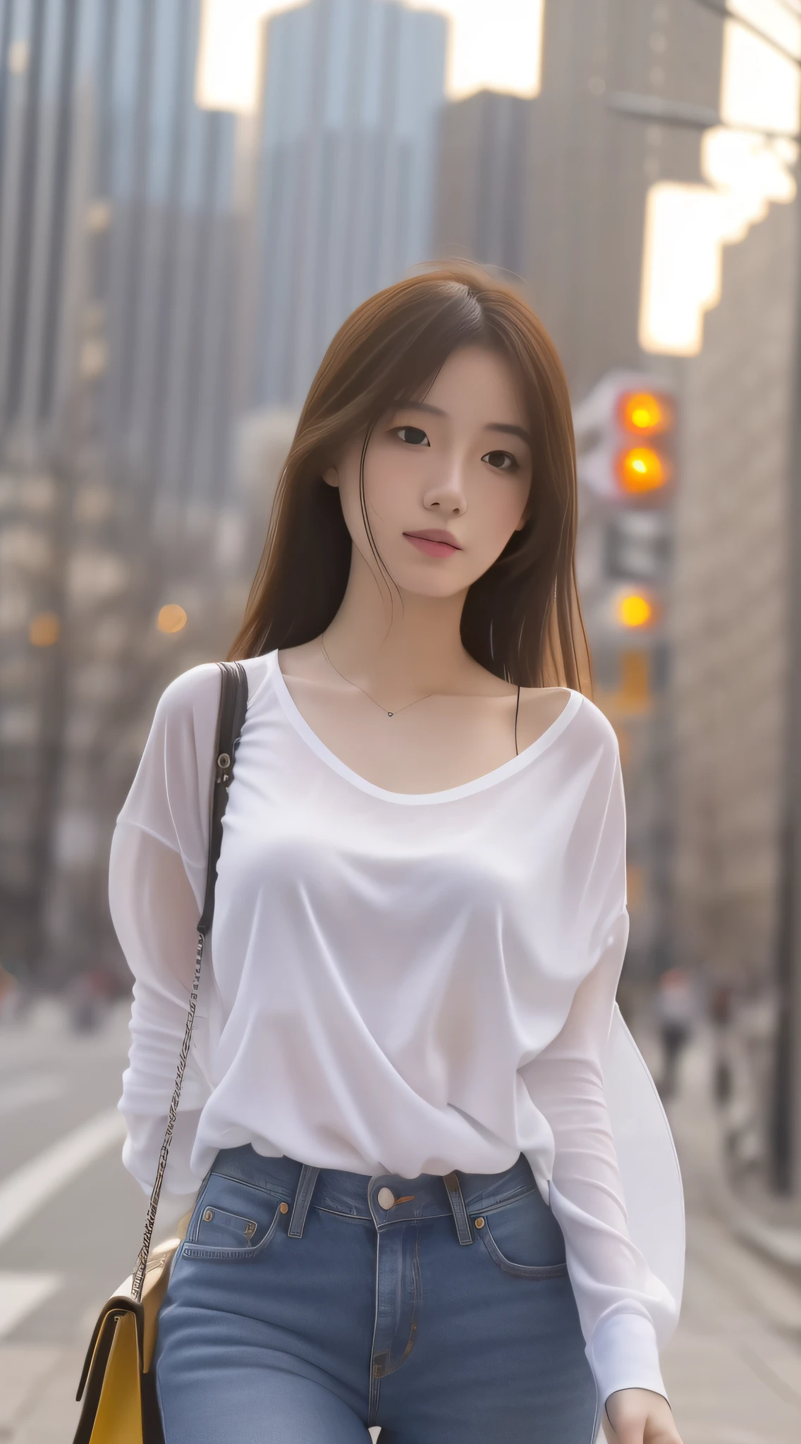 Sad theme , (best quality, masterpiece:1.2), 18yo beautiful  girl walking in the city, white shirt and Jeans, , shoot the Sony a7,3.5 mm Lens, f 1.8 apature, lighting glow effect,no retouching,raw photo realistic, skin texture is very detail ,no makeup, background lighting is yellow, raining day,