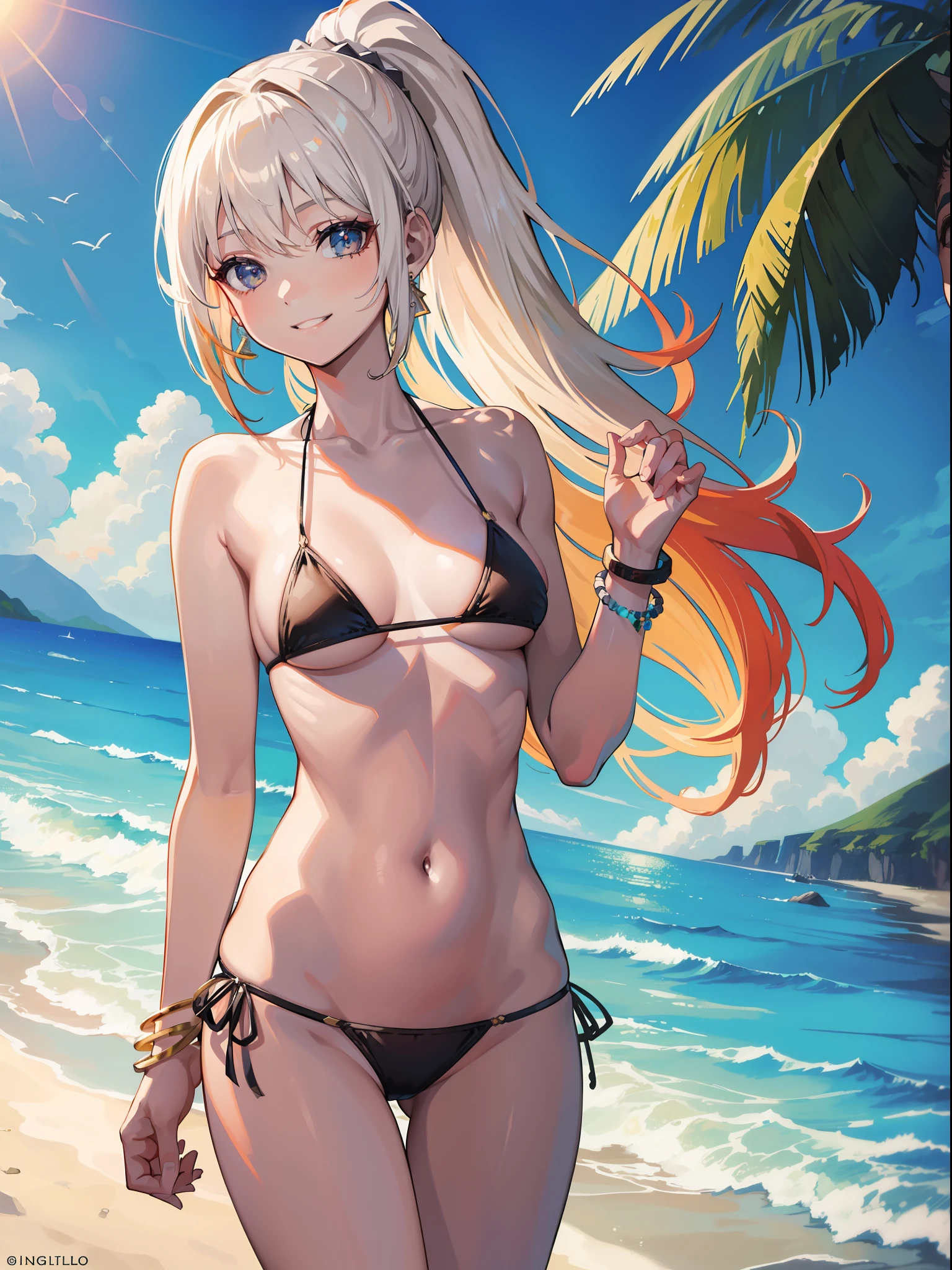 (Masterpiece: 1.5), (Best Quality: 1.5), High Resolution, High Detail, 1 Girl, Solo, Skin Highlight, Sharpen, Clear, straight hair, ponytail, multicolored hair, Jewelry, bracelet, earrings, cowboy shot, pale skin, smile, beach, micro bikini