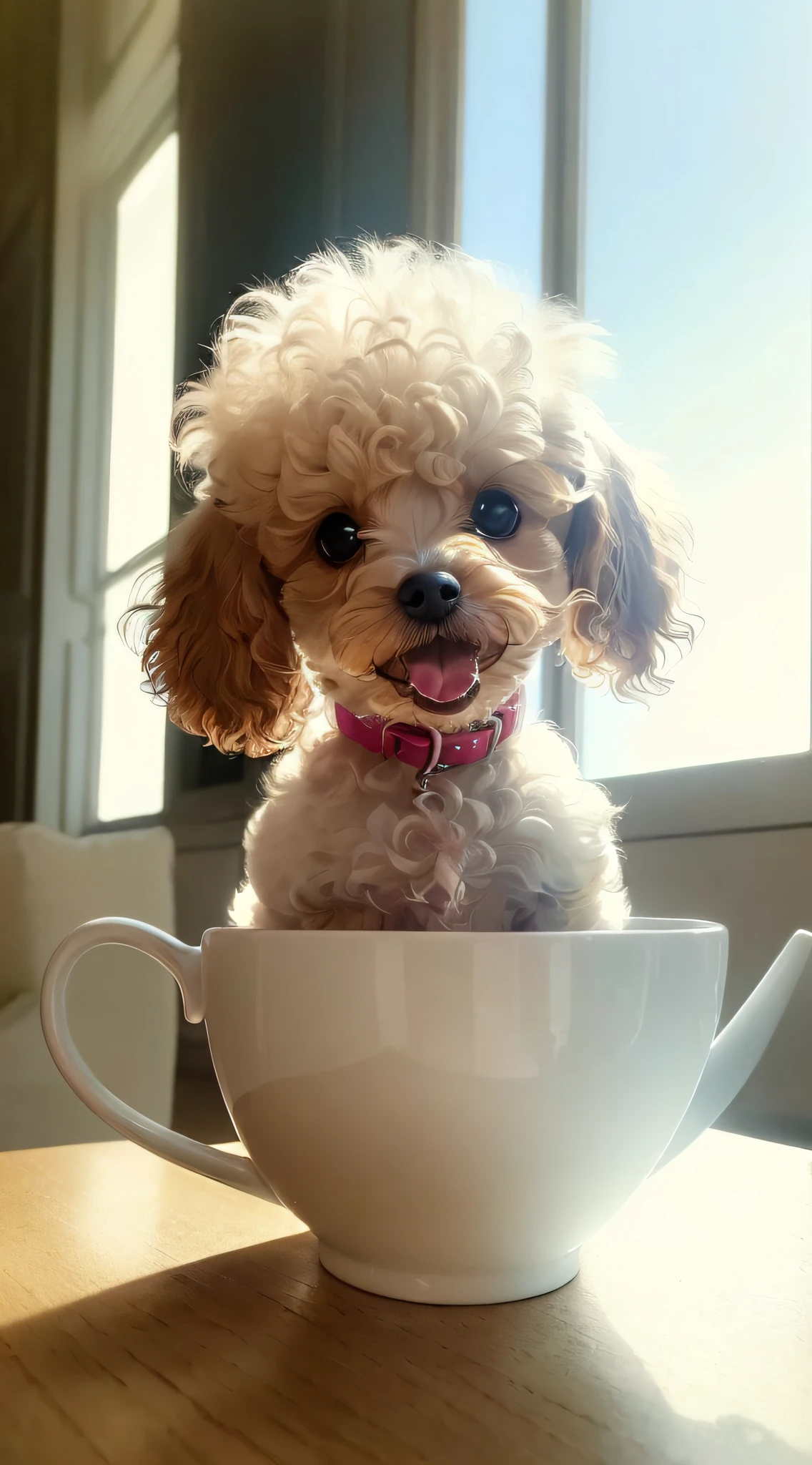 Toy poodle in white, (((((small)))), in a teacup, showing face, sticking out tongue, sticking out of the paw, 8k, professional photo, delicate, clear, on the table, in the house, sunshine, light leak, masterpiece, ((pretty)))), stylish teacup, (reality)))), mokomoko