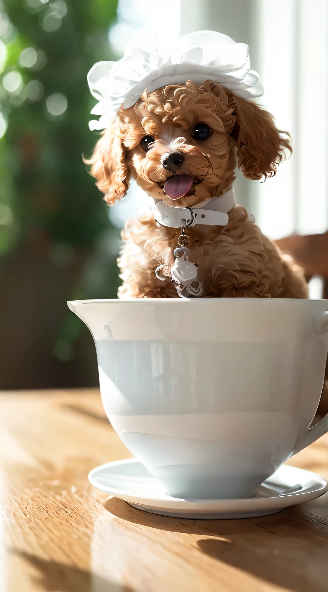 Toy poodle in white, (((((small)))), in a teacup, showing face, sticking out tongue, sticking out of the paw, 8k, professional photo, delicate, clear, on the table, in the house, sunshine, light leak, masterpiece, ((pretty)))), stylish teacup, (reality)))), mokomoko