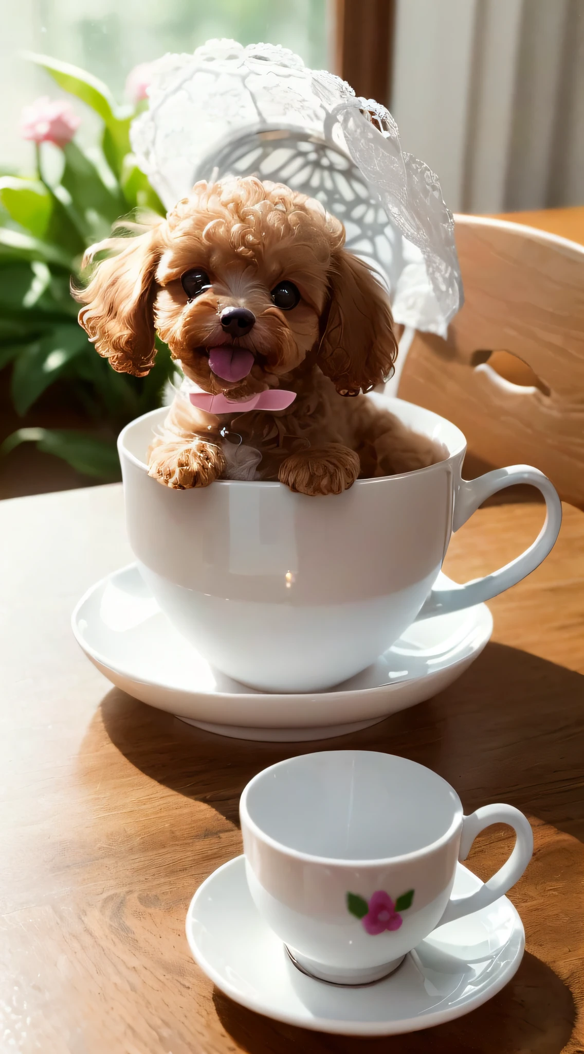 Toy poodle in white, (((((small)))), in a teacup, showing face, sticking out tongue, sticking out of the paw, 8k, professional photo, delicate, clear, on the table, in the house, sunshine, light leak, masterpiece, ((pretty)))), stylish teacup, (reality)))), mokomoko