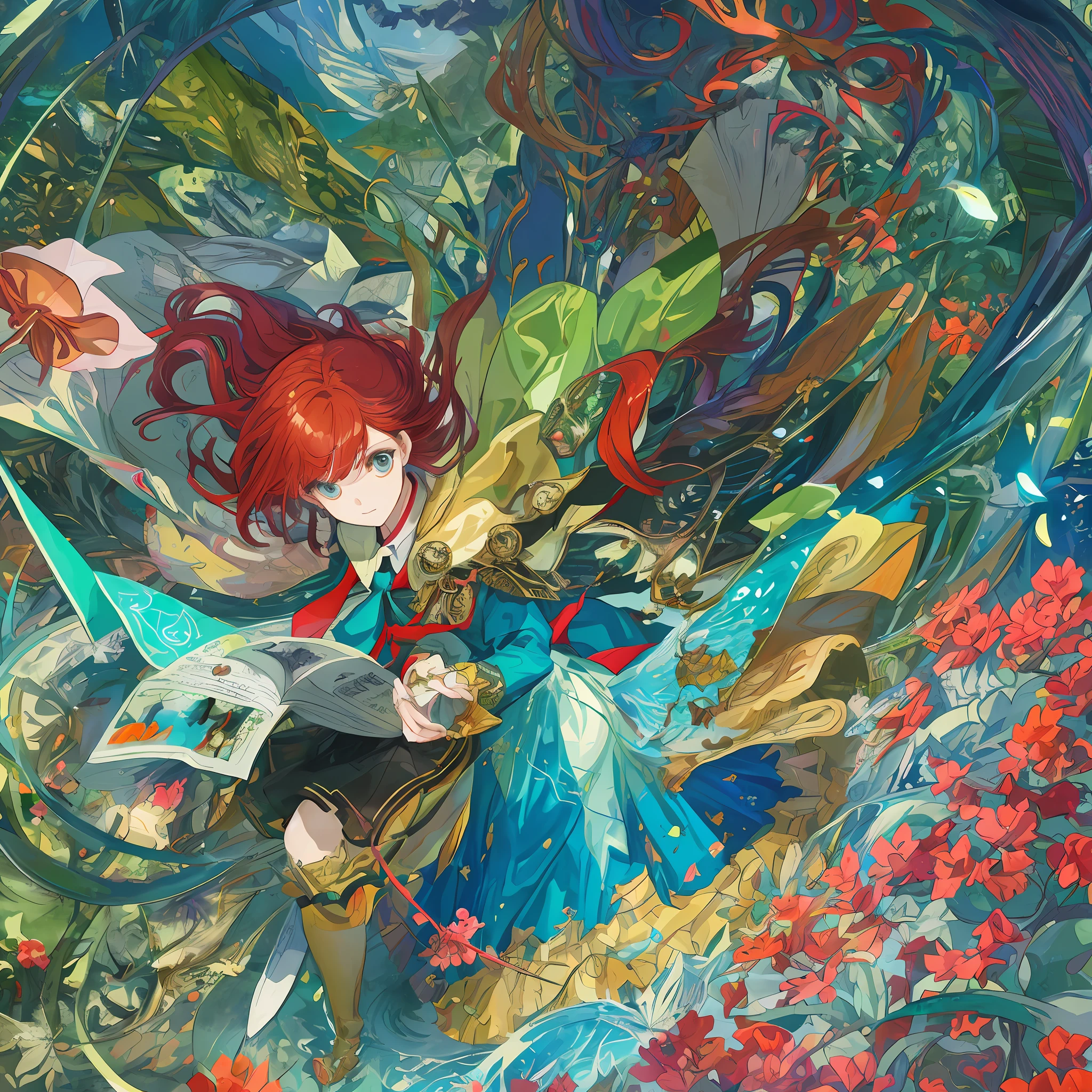 In a modern setting, a vibrant red-haired girl stands confidently, dressed in a stylish school uniform. In her hands, she holds an intriguing book and a magical pen that radiates an otherworldly glow. As she gazes intently at the book's pages, her imagination begins to manifest in the real world around her. In the bustling school hallway, colorful flowers bloom and float gently in the air, while fantastical creatures playfully interact with students passing by. The mundane school environment is transformed into a whimsical wonderland as her imagination takes hold. However, as the line between her imagination and reality blurs, she must navigate the consequences of her newfound power. With her vibrant red hair flowing and determination in her eyes, she embarks on a journey of self-discovery, balancing the enchantment of her imagination with the challenges of everyday life