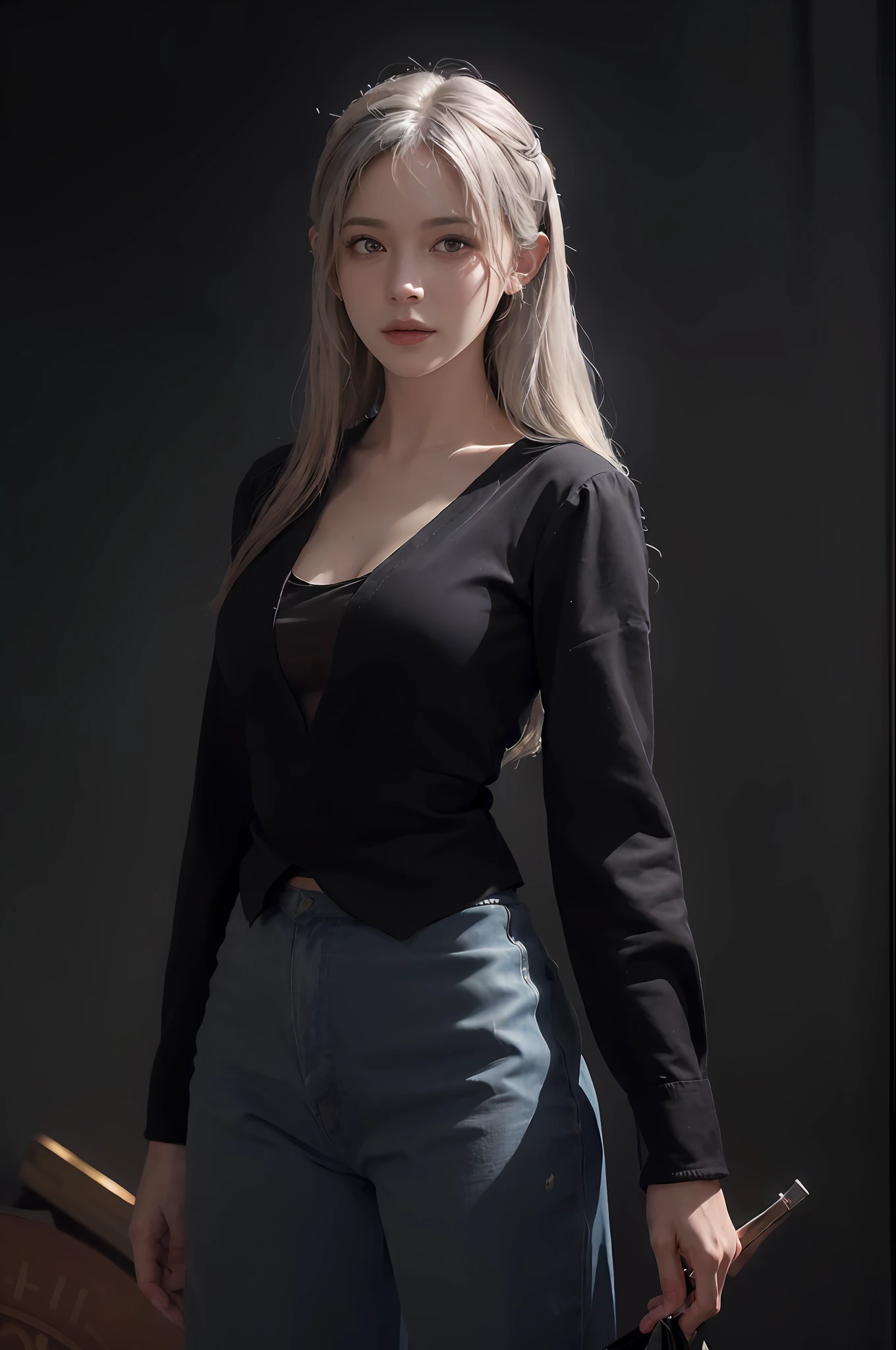 (front focus), (in the dark:1.6), Hyperrealist portrait of female by david hockney and alphonse mucha, fantasy art, photo realistic, dynamic lighting, artstation, poster, volumetric lighting, very detailed faces, 4 k, award winning, 1girl, in the dark, deep shadow, low key, cowboy shot, (official clothing:1.4), long hair, white hair