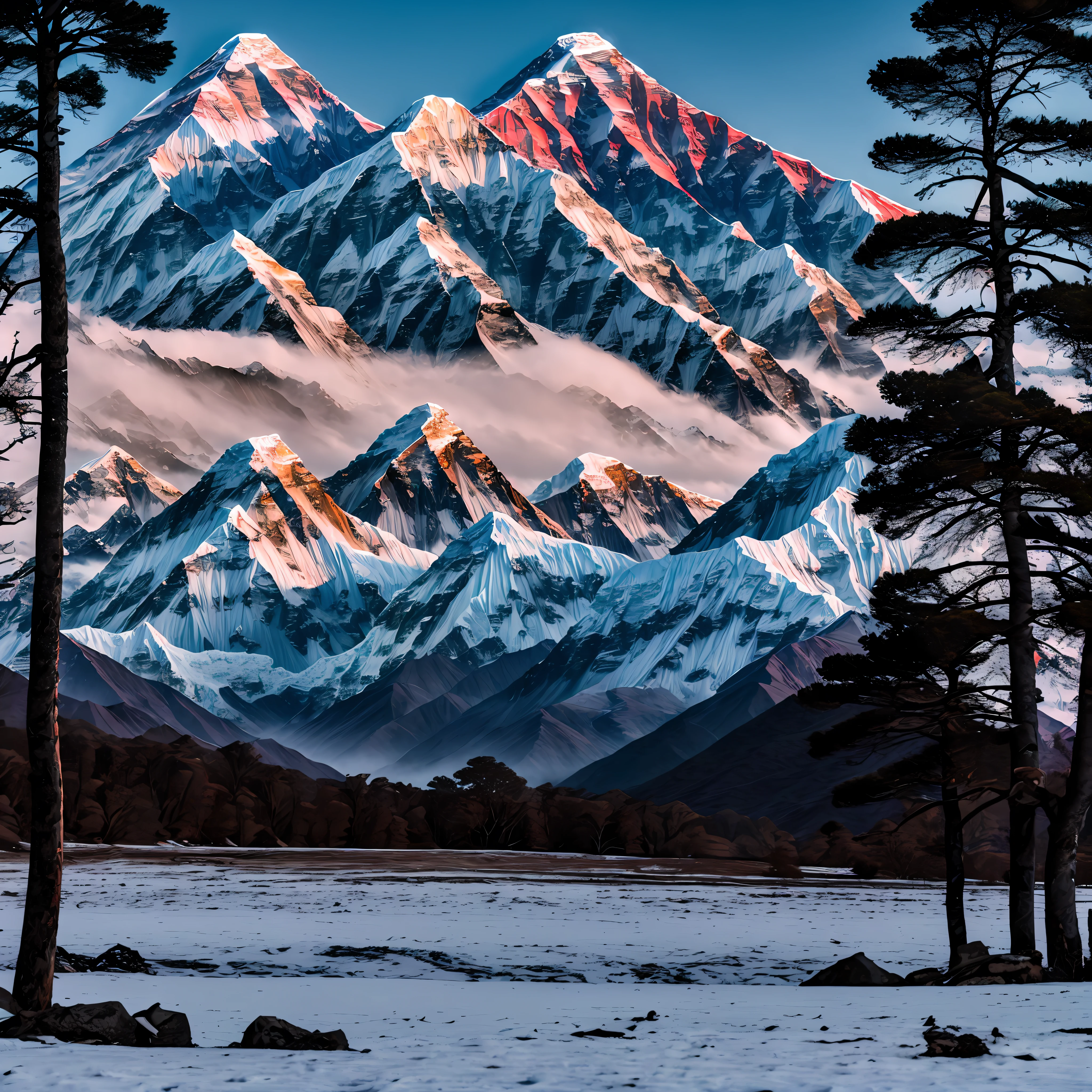 RAW photo, Mount Everest, winter landscape, mountains, trees, face, 8k UHD, DSLR, soft light, high quality, film grain, Fujifilm XT3