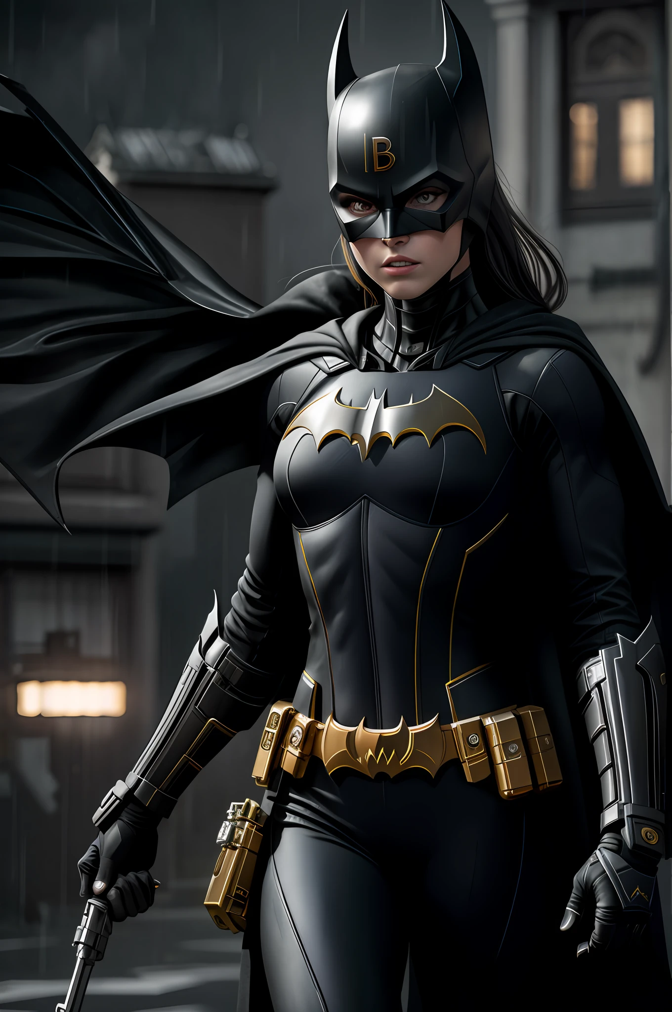 (8k, RAW photo, best quality, masterpiece: 1.2), ultra detailed, official art, photo-realistic: 1.37, upper body shot, DC Batgirl, film grain, action pose, fine rain, batmobile with headlights on and with the door open