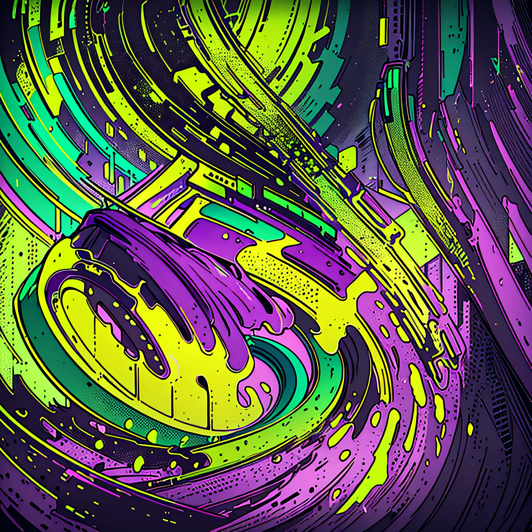 make an abstract painting using only green yellow and purple and black masterpiece, best quality:1.4), cinematic light, colorful, high contrast, neon, no people, expansive landscape photography, bottom to top use very green neon yellow neon purple neon and black, without using any other color, details, neon, no people appearing --auto --s2