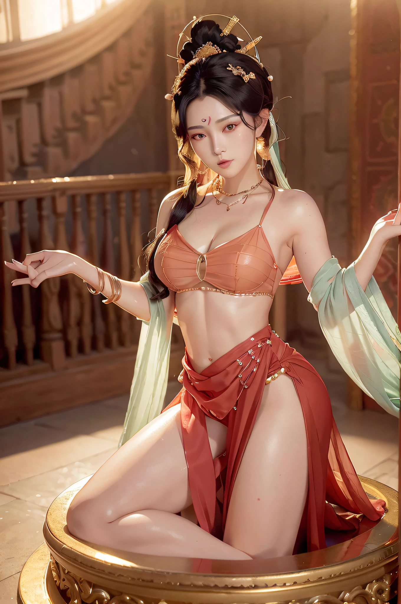 Very detailed CG unity 8k wallpaper, (masterpiece), (best quality), (ultra-detailed), (ultra-realistic), (best character detail: 1.36), Nikon d750 f/1.4 55mm, dynamic angle, professional lighting, photon mapping, radiosity, physically based rendering, blush, 1girl, mature woman,, golden ratio, (Kpop idol), (oil skin: 1.2), (oil skin: 1.1), makeup, [:(high Detailed face:1.2):0.2]:,PureErosFace_v1, ((curly black hair and delicate style)), (aegyo sal:1), (puffy eyes), (eyelashes: 1.1), (lips: 1.1), red lipstick, wide shoulders, (big breasts: 1.1), (cleavage: 1.1), sexy, drenched, bare shoulders, bare belly, (big ass: 1.2), bare legs, transparent silk gauze skirt, naked, see-through, Song dynasty, Song clothing , hyper-realistic photo, naked, kneeling, legs open, buttocks, transparent, bathing, bathing,